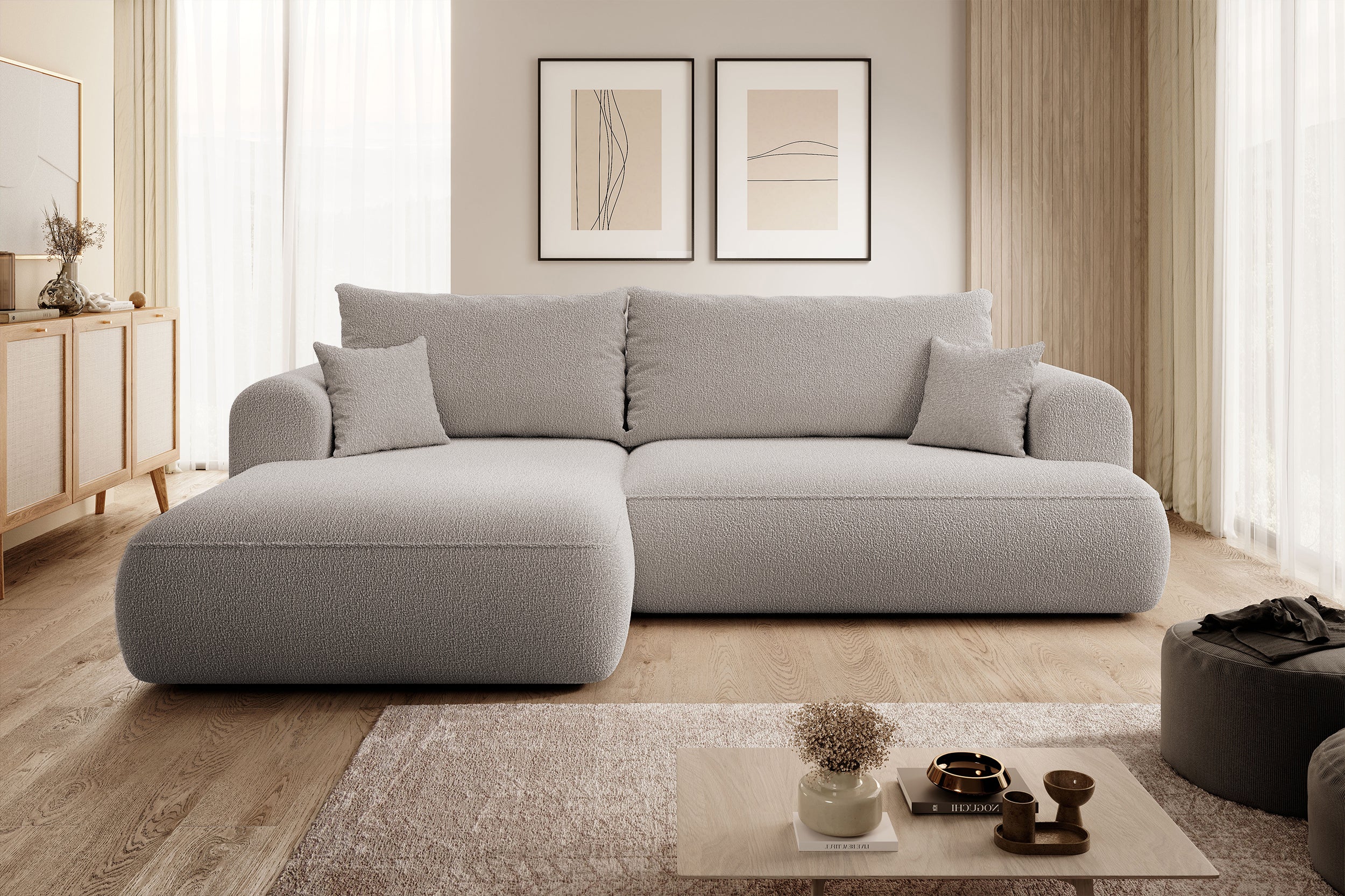 Ecksofa mit Schlafunktion Ovo L-förmig, dunkelbeige mit Stauraum, Bouclé, linksseitig