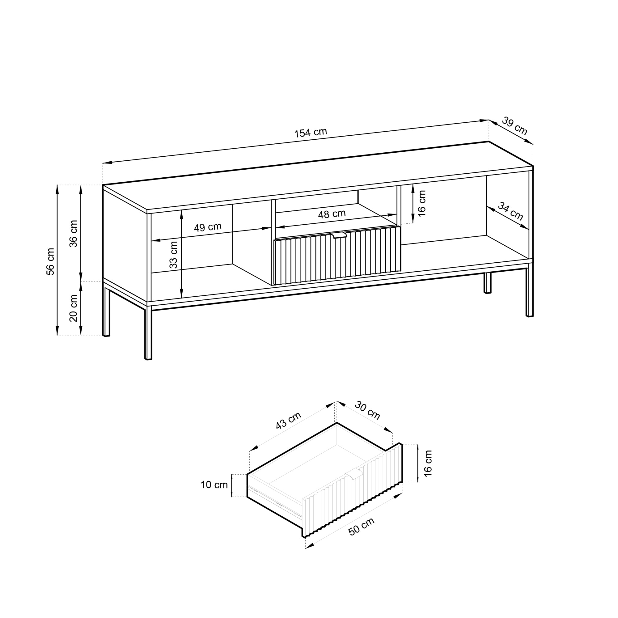 TV-Schrank Vellore 154 cm schwarz mit gerillten Fronten und goldenen Griffen