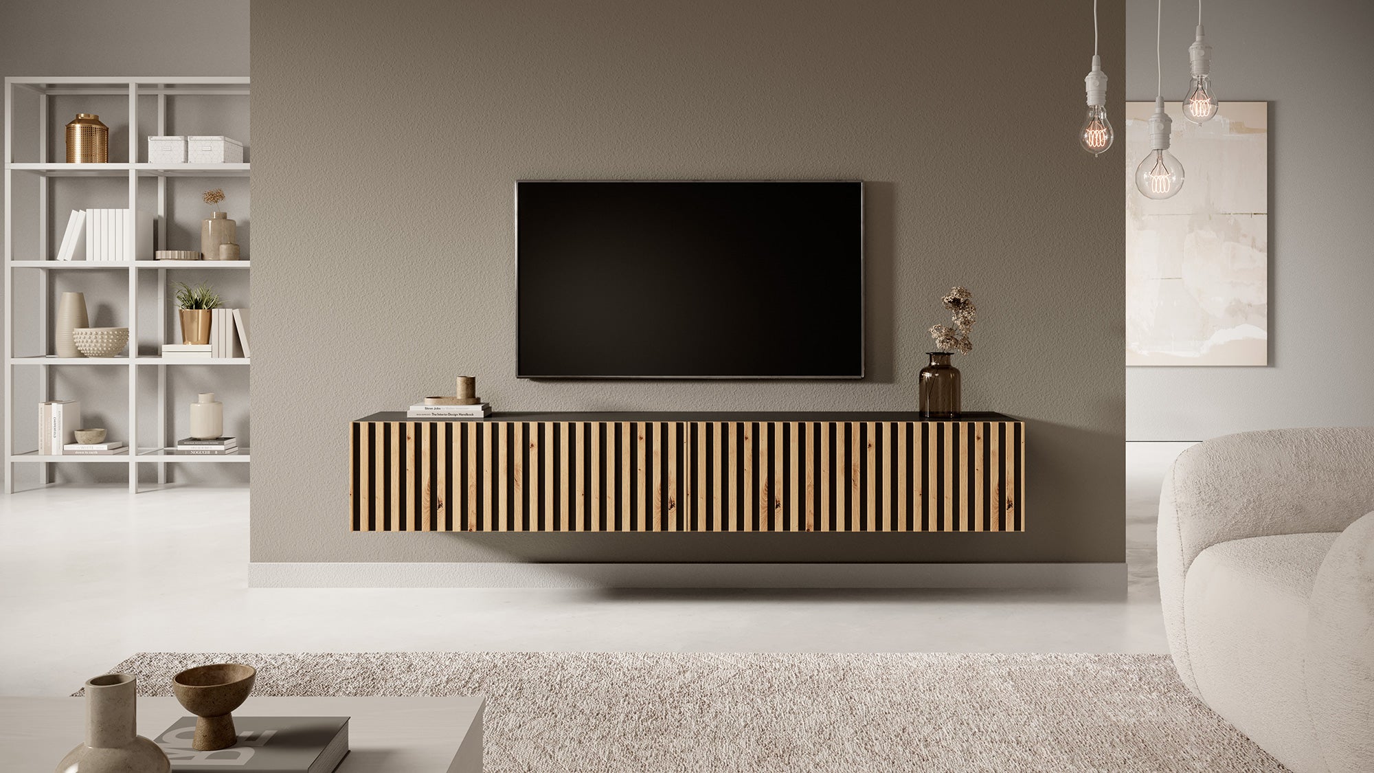 TV-Schrank Telire 175 cm schwarz mit lamellenförmiger Front Artisan-Eiche