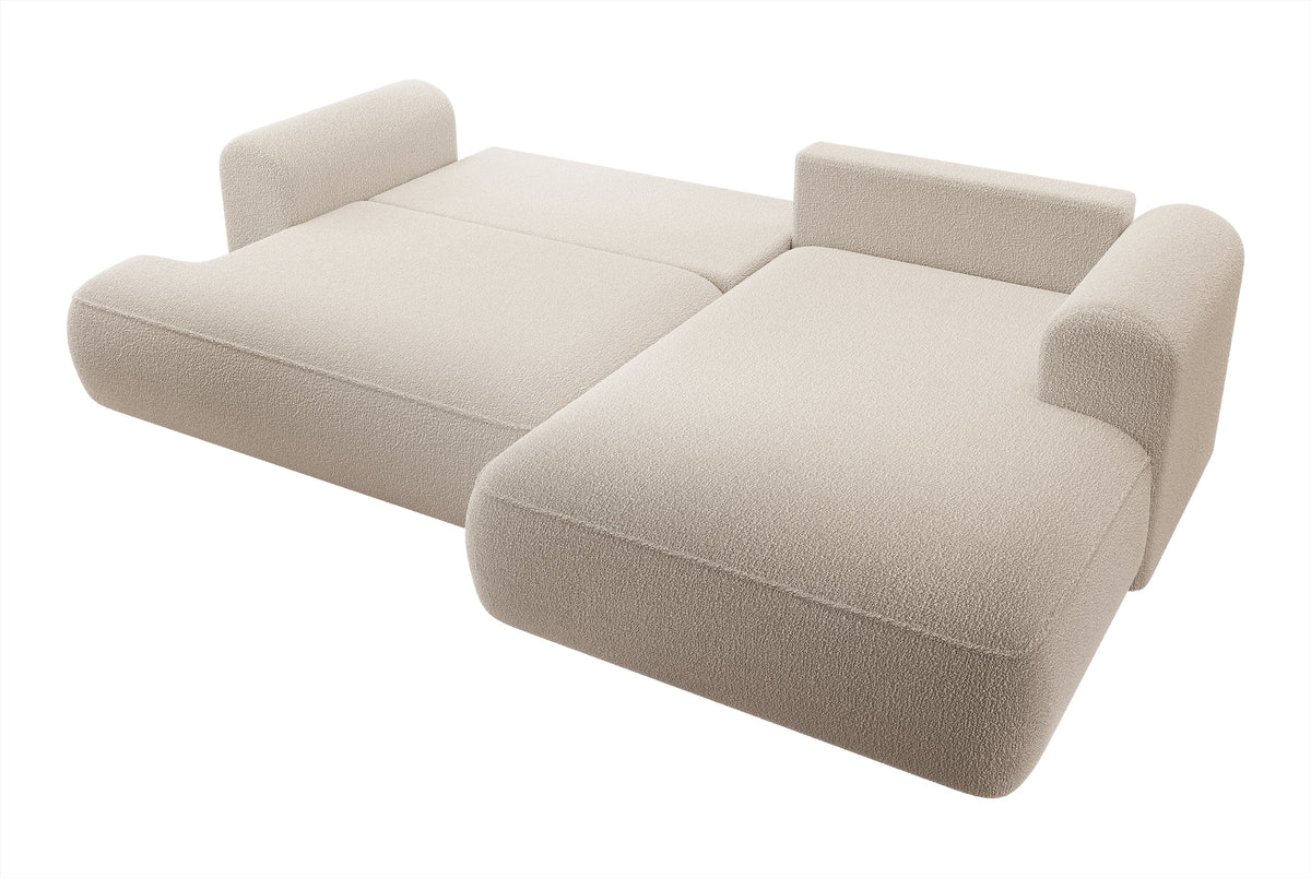 Ecksofa mit Schlafunktion Ovo, L-förmig, beige mit Stauraum, Bouclé, rechtsseitig