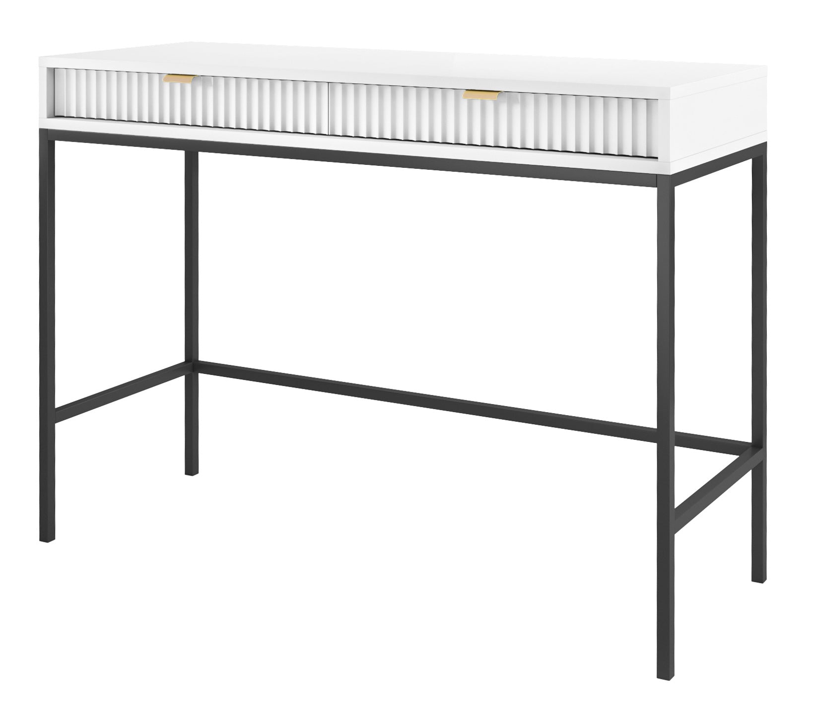Schminktisch Vellore 104 cm weiß mit gerillten Fronten und goldenen Griffen