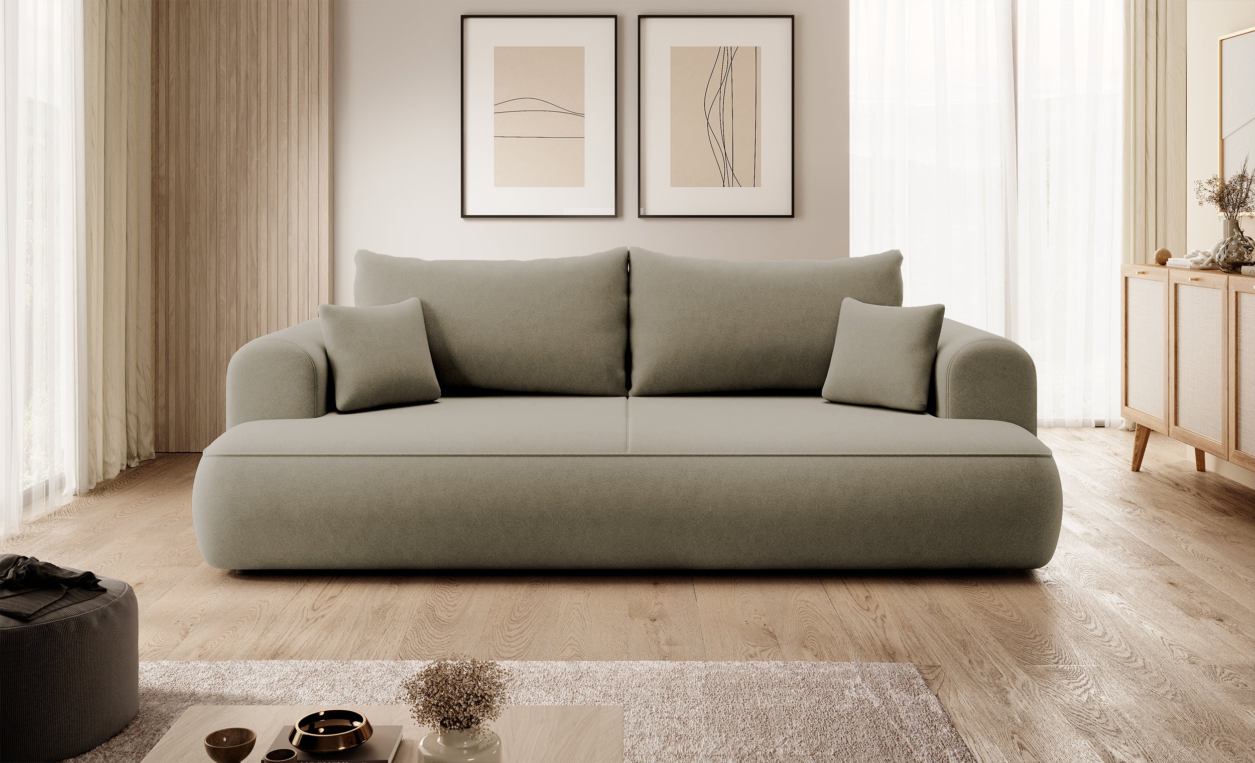 Dreisitziges ausklappbares Sofa Ovo mit Stauraum, beige, Velours aus leicht zu reinigendem Stoff