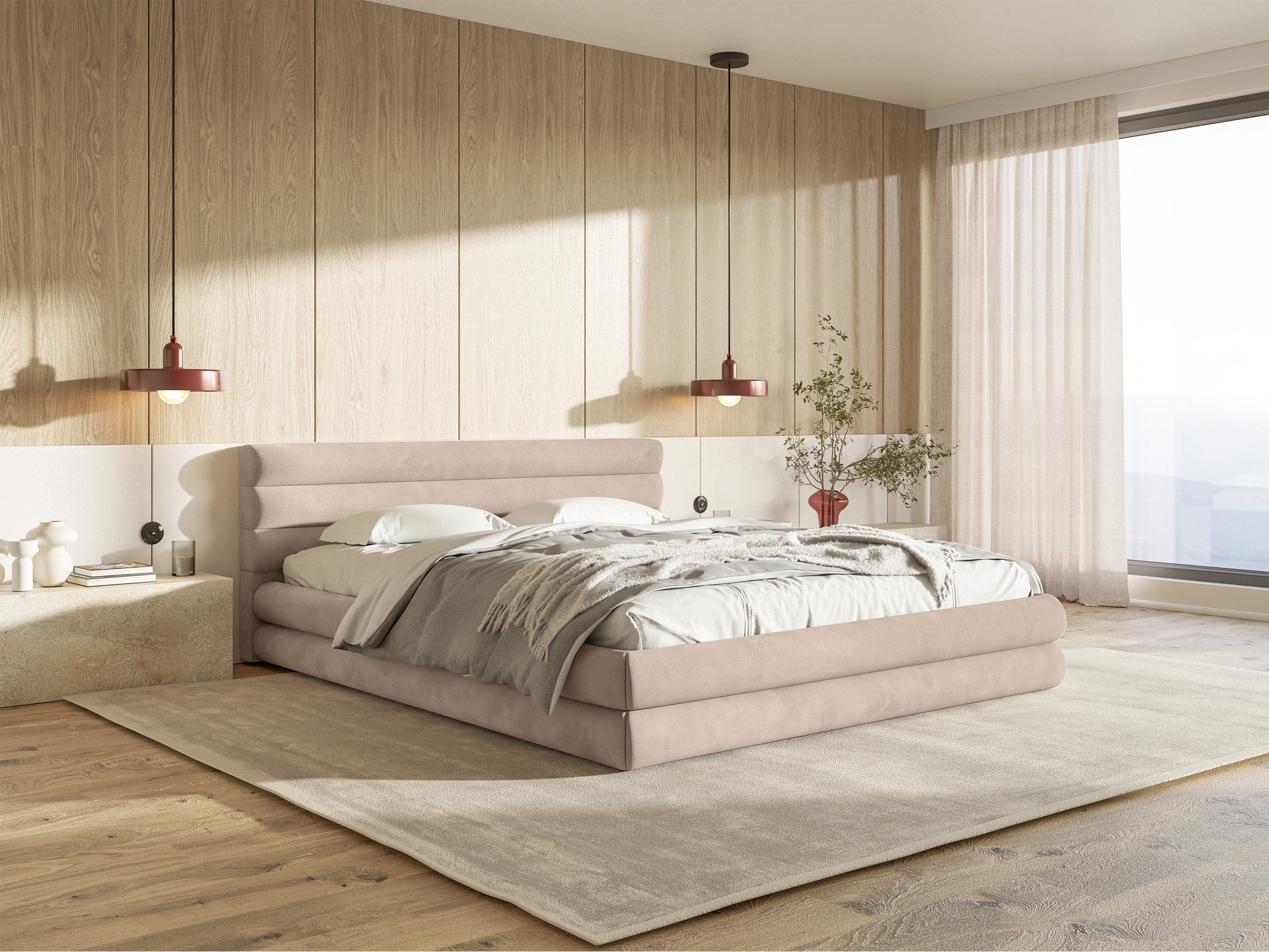 Polsterbett 160x200 cm Alegre mit Bettkasten, beige Velours, wasserabweisend, pflegeleicht, Metallrahmen