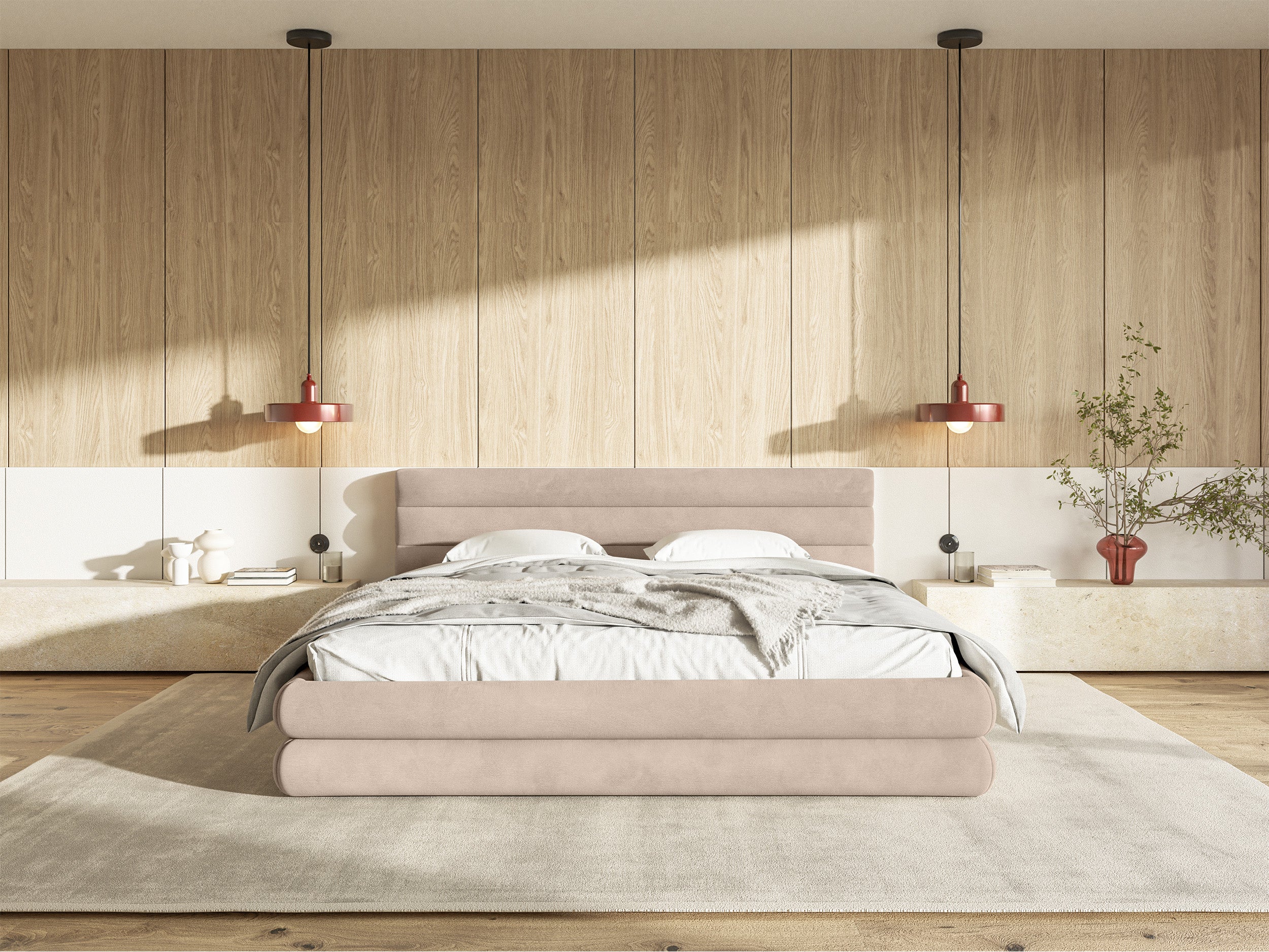 Polsterbett 140x200 cm Alegre mit Bettkasten, beige Velours, wasserabweisend, leicht zu reinigen, Metallrahmen