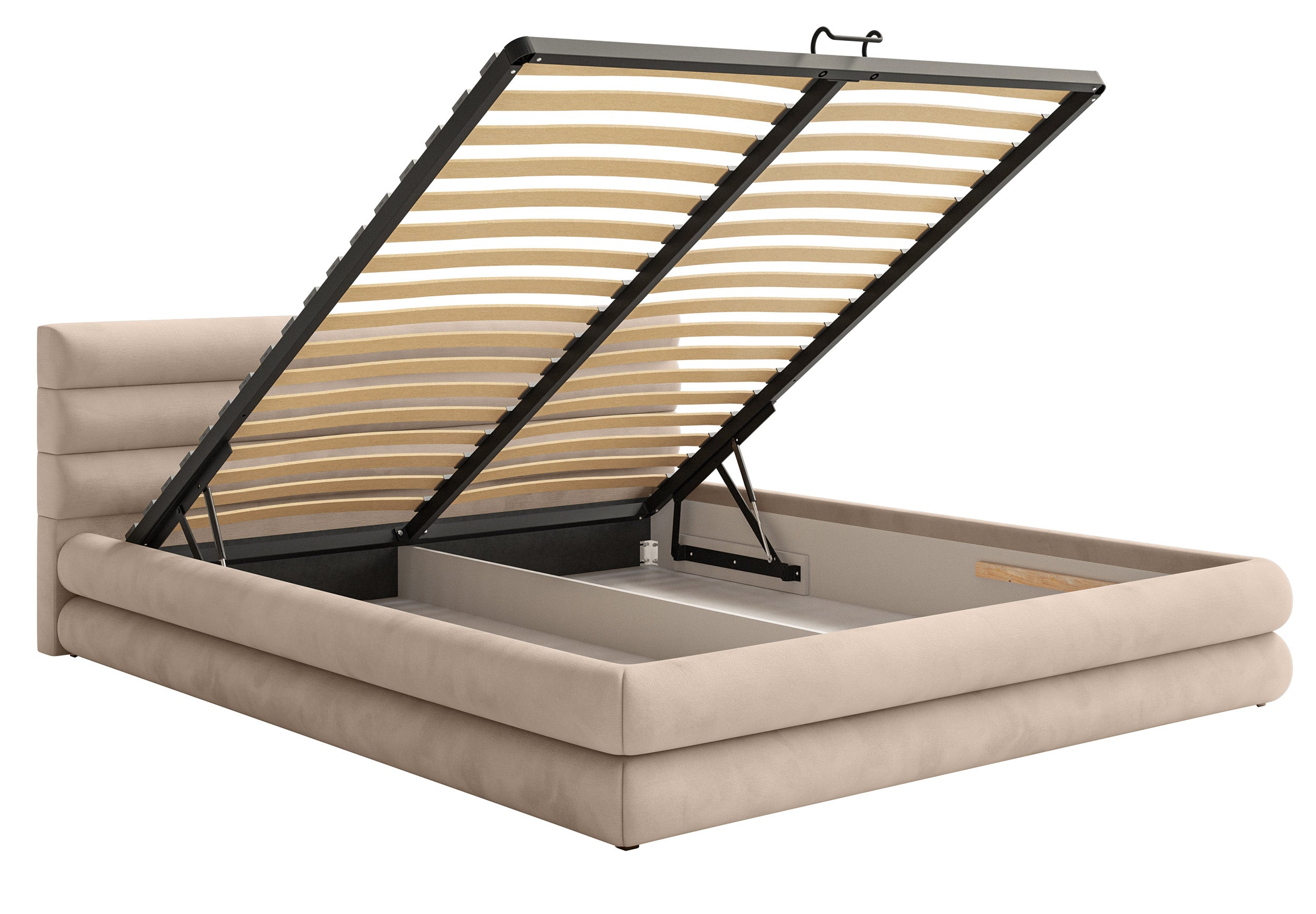 Polsterbett 140x200 cm Alegre mit Bettkasten, beige Velours, wasserabweisend, leicht zu reinigen, Metallrahmen