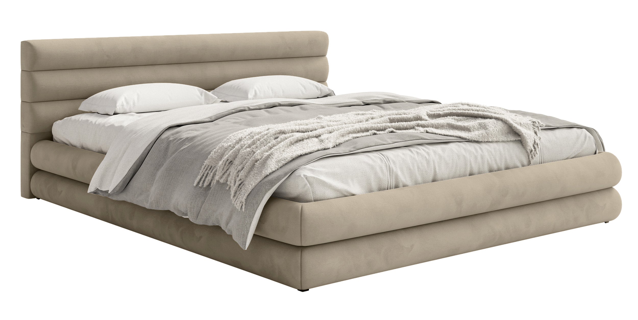 Gepolstertes Bett 160x200 cm Alegre mit Bettkasten, grau-beiges Velours, wasserabweisend und pflegeleicht, Metallrahmen