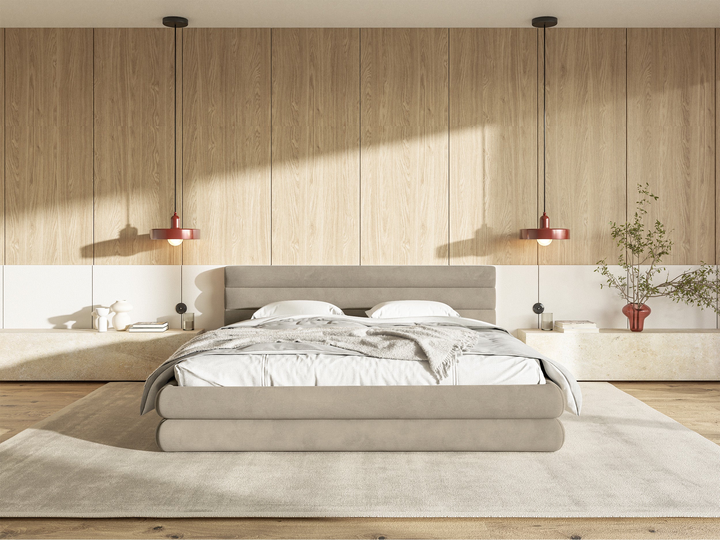 Gepolstertes Bett 160x200 cm Alegre mit Bettkasten, grau-beiges Velours, wasserabweisend und pflegeleicht, Metallrahmen