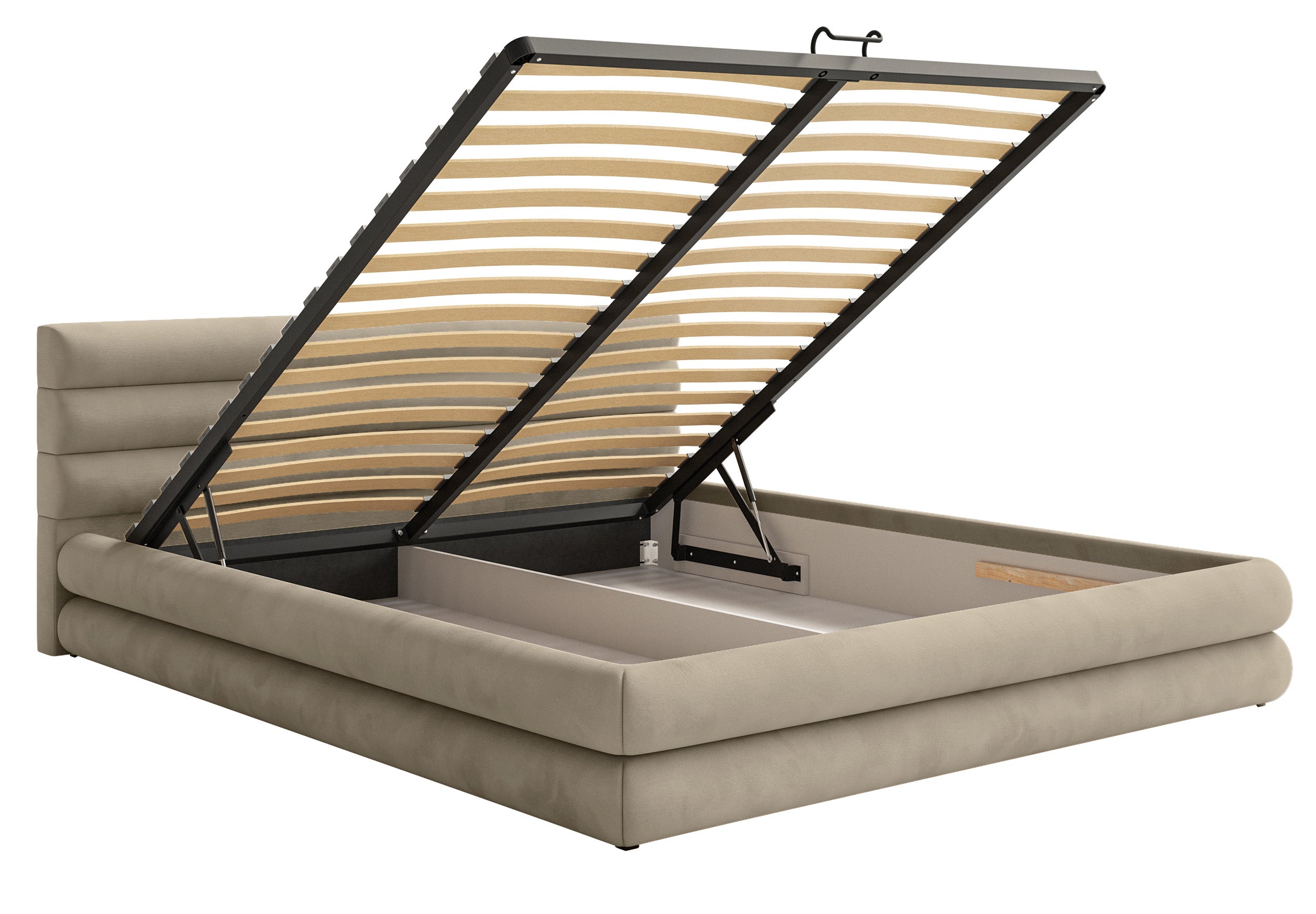 Gepolstertes Bett 160x200 cm Alegre mit Bettkasten, grau-beiges Velours, wasserabweisend und pflegeleicht, Metallrahmen
