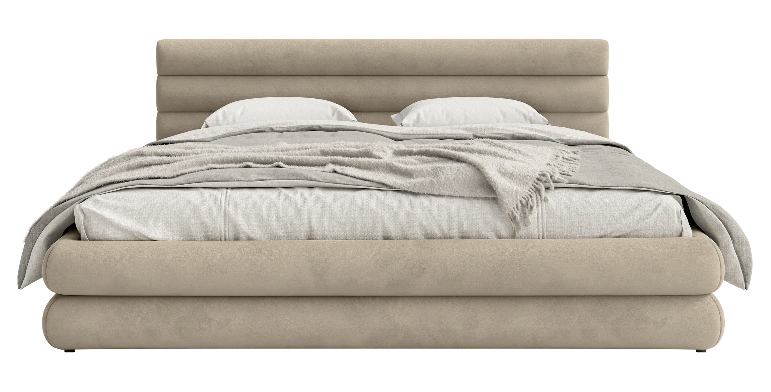 Gepolstertes Bett 160x200 cm Alegre mit Bettkasten, grau-beiges Velours, wasserabweisend und pflegeleicht, Metallrahmen