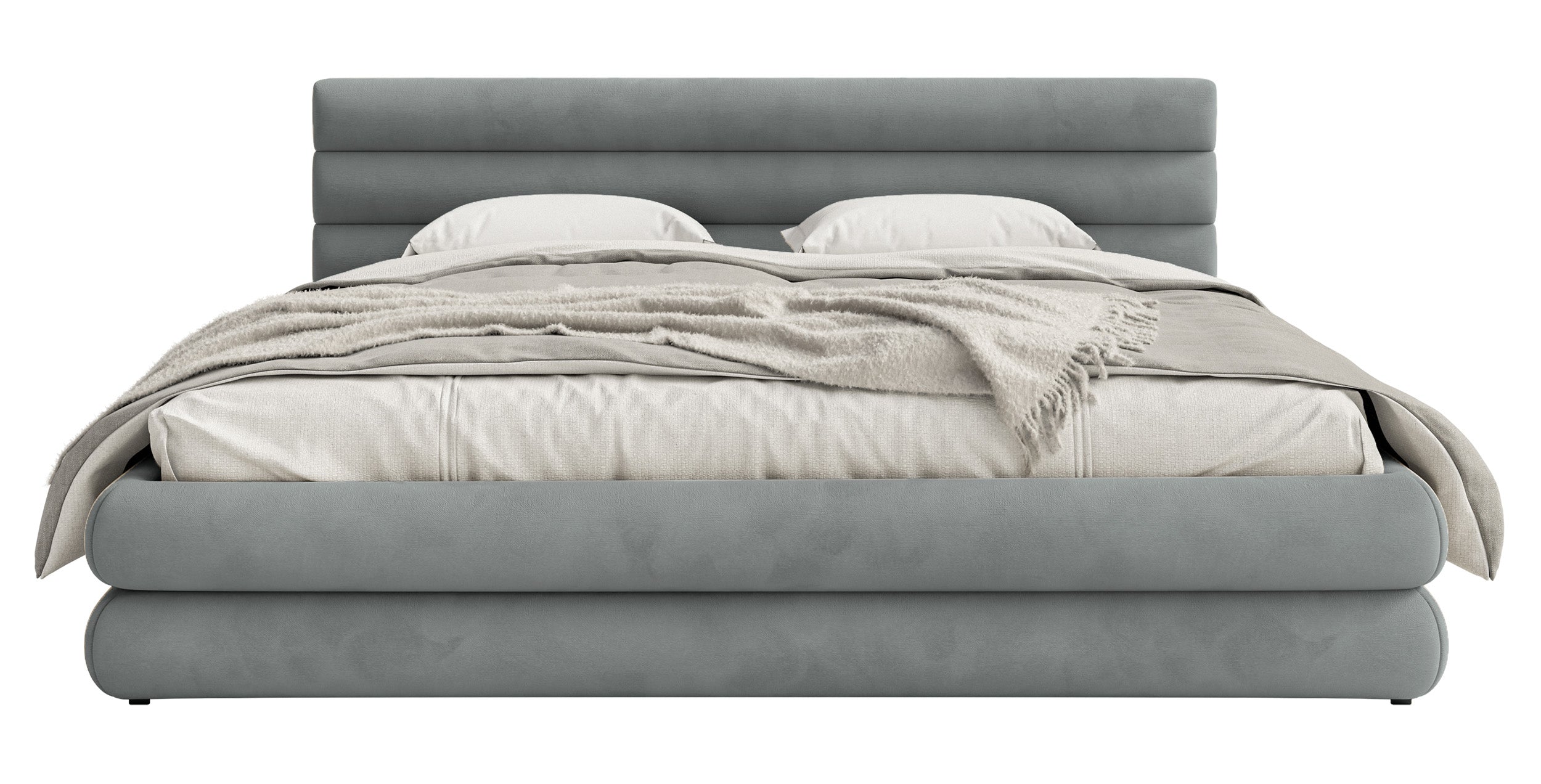 Polsterbett 140x200 cm Alegre mit Bettkasten, grau, wasserabweisender, pflegeleichter Samt, Metallrahmen