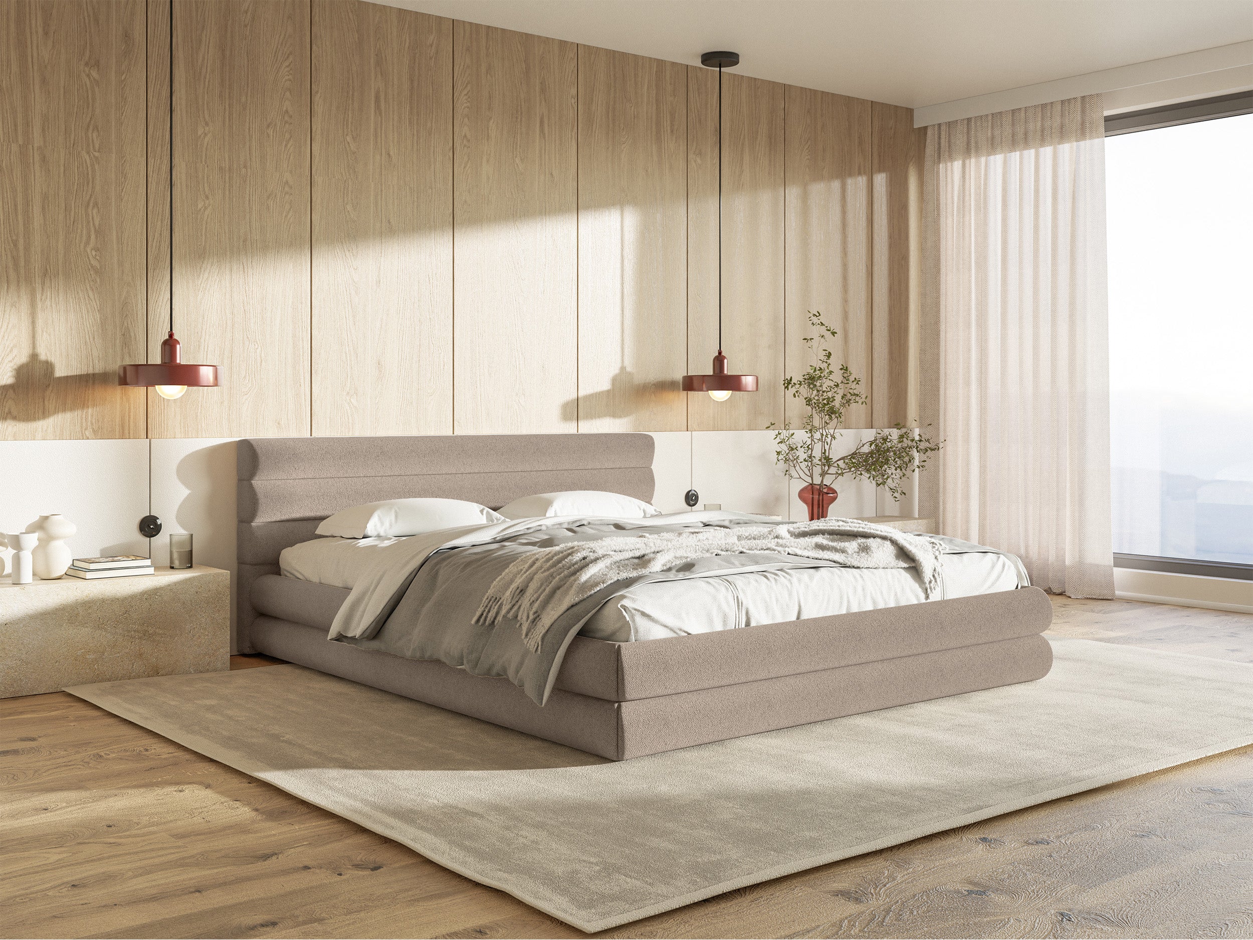 Polsterbett 180x200 cm Alegre mit Bettkasten, beiger Chenille-Bezug, Metallrahmen