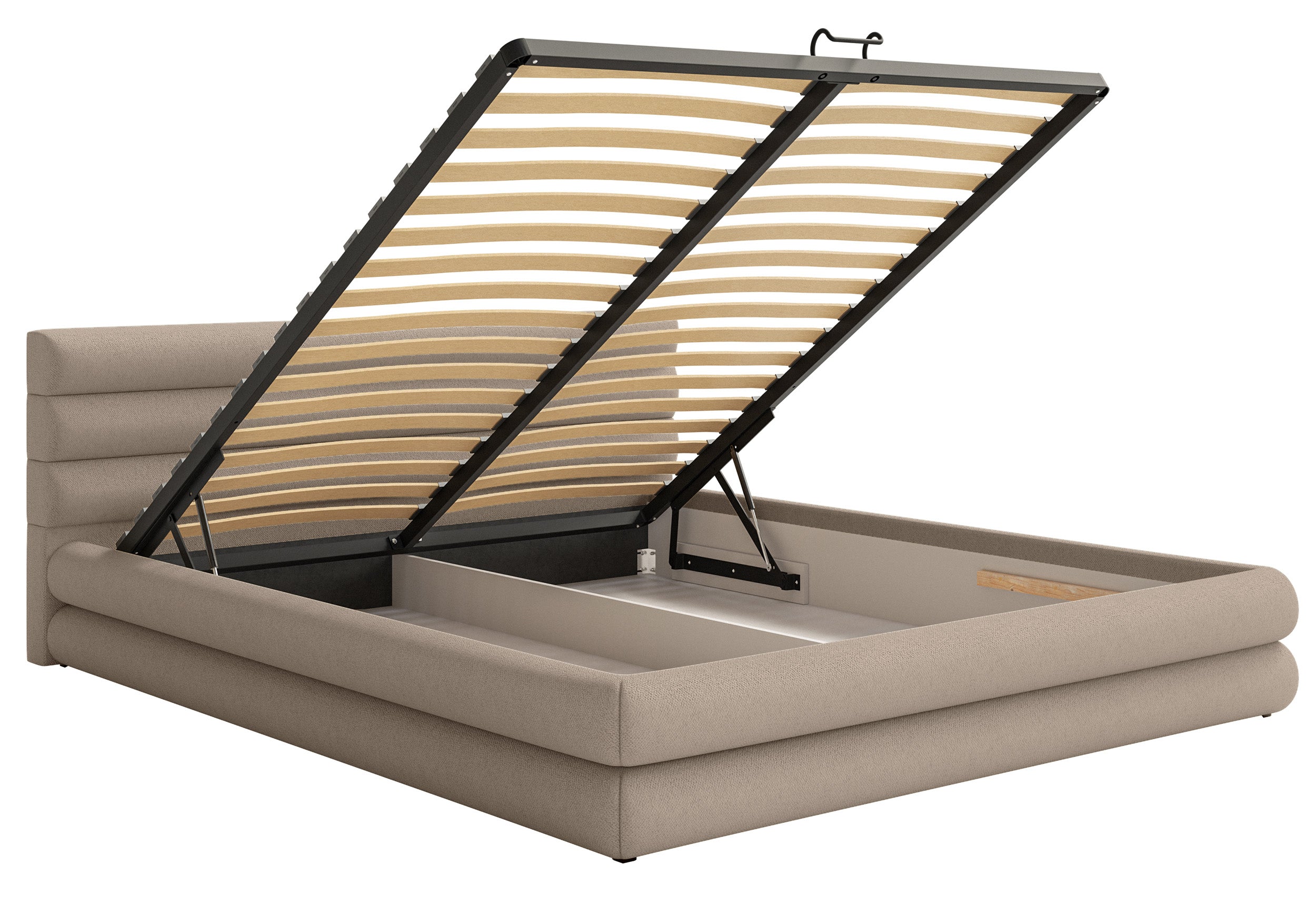 Polsterbett 140x200 cm Alegre mit Bettkasten, beige Chenille, Metallrahmen