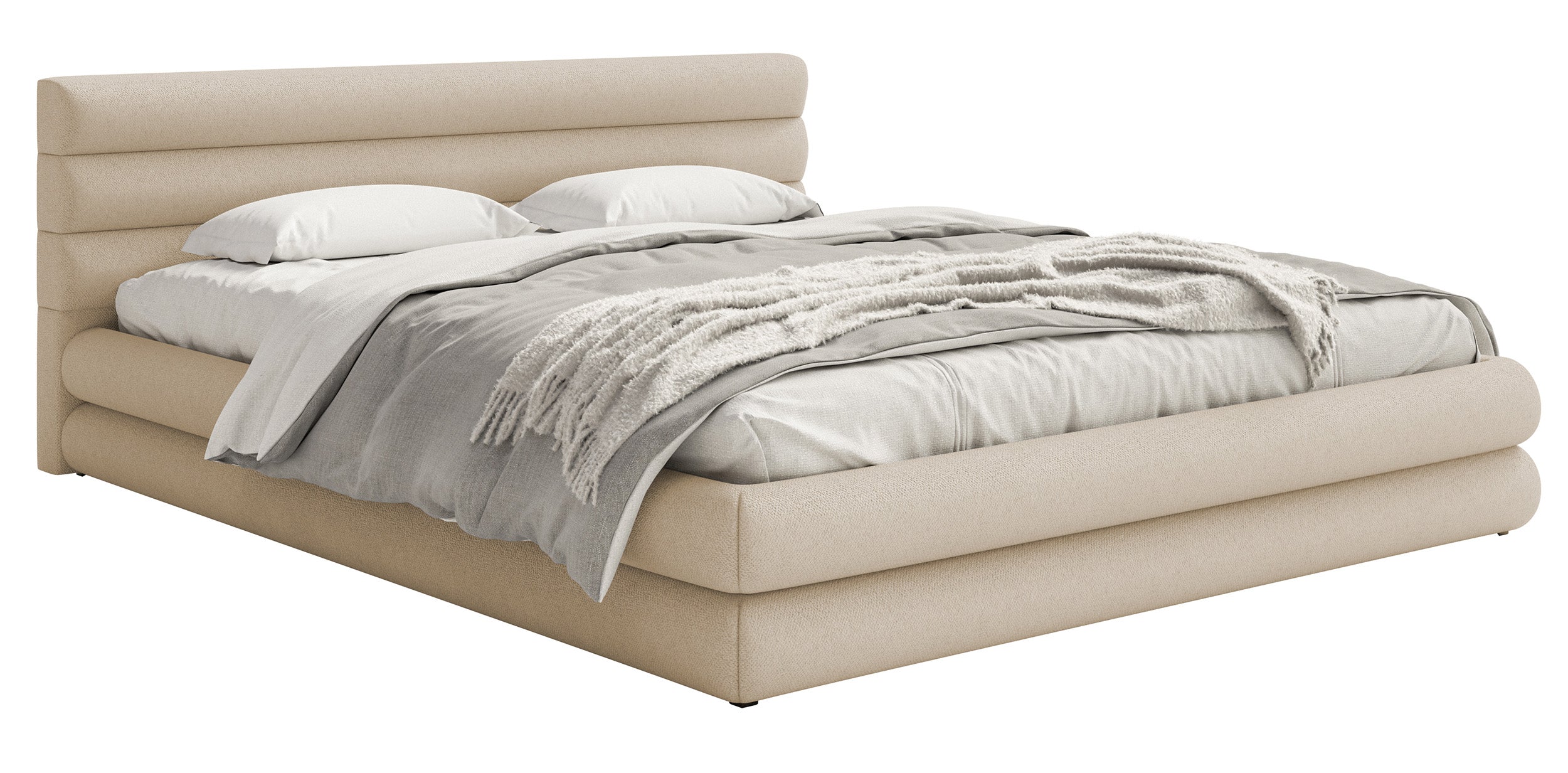 Polsterbett 180x200 cm Alegre mit Bettkasten, hellbeiger Chenille-Stoff, Metallrahmen