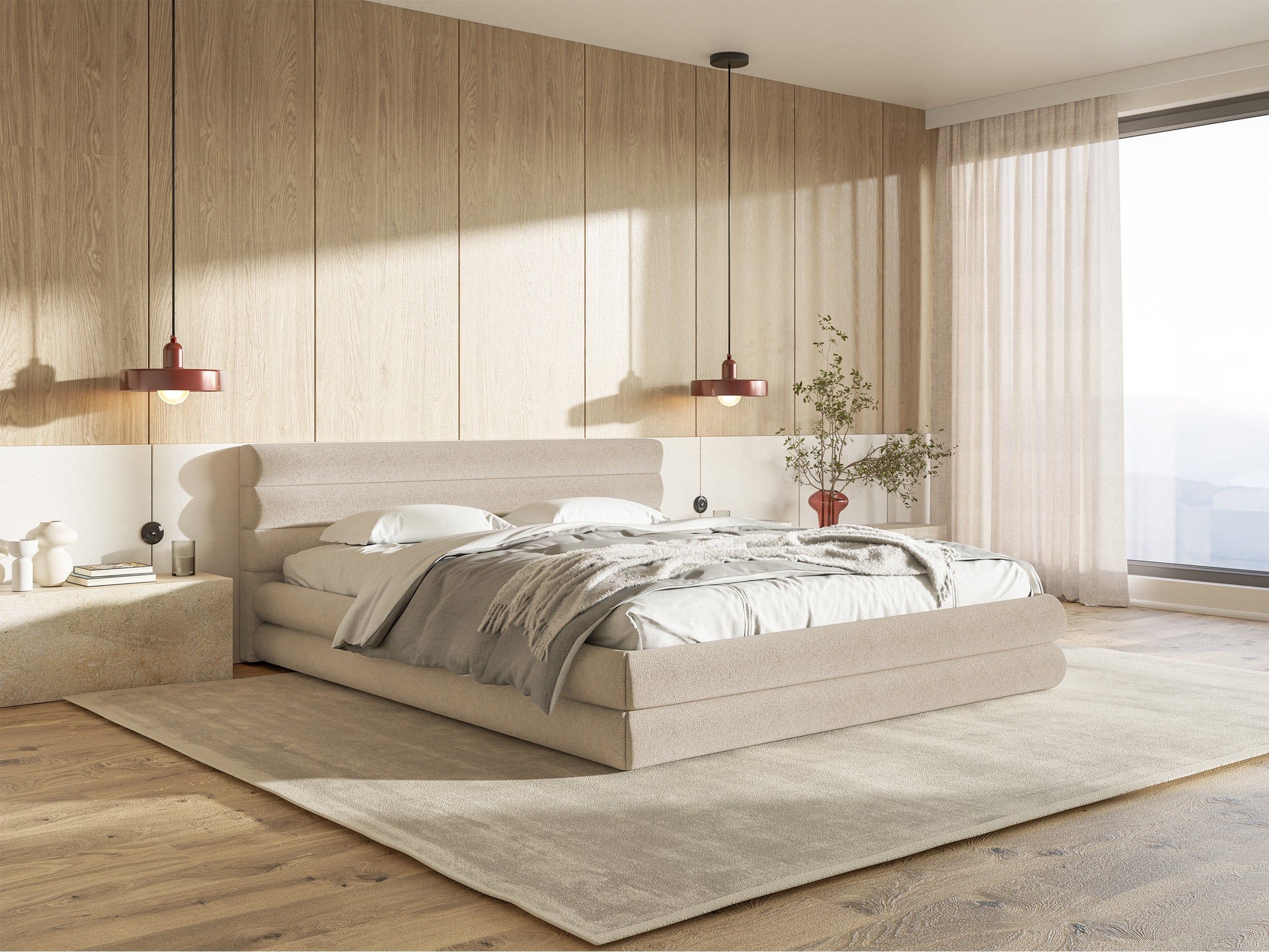 Polsterbett 180x200 cm Alegre mit Bettkasten, hellbeiger Chenille-Stoff, Metallrahmen