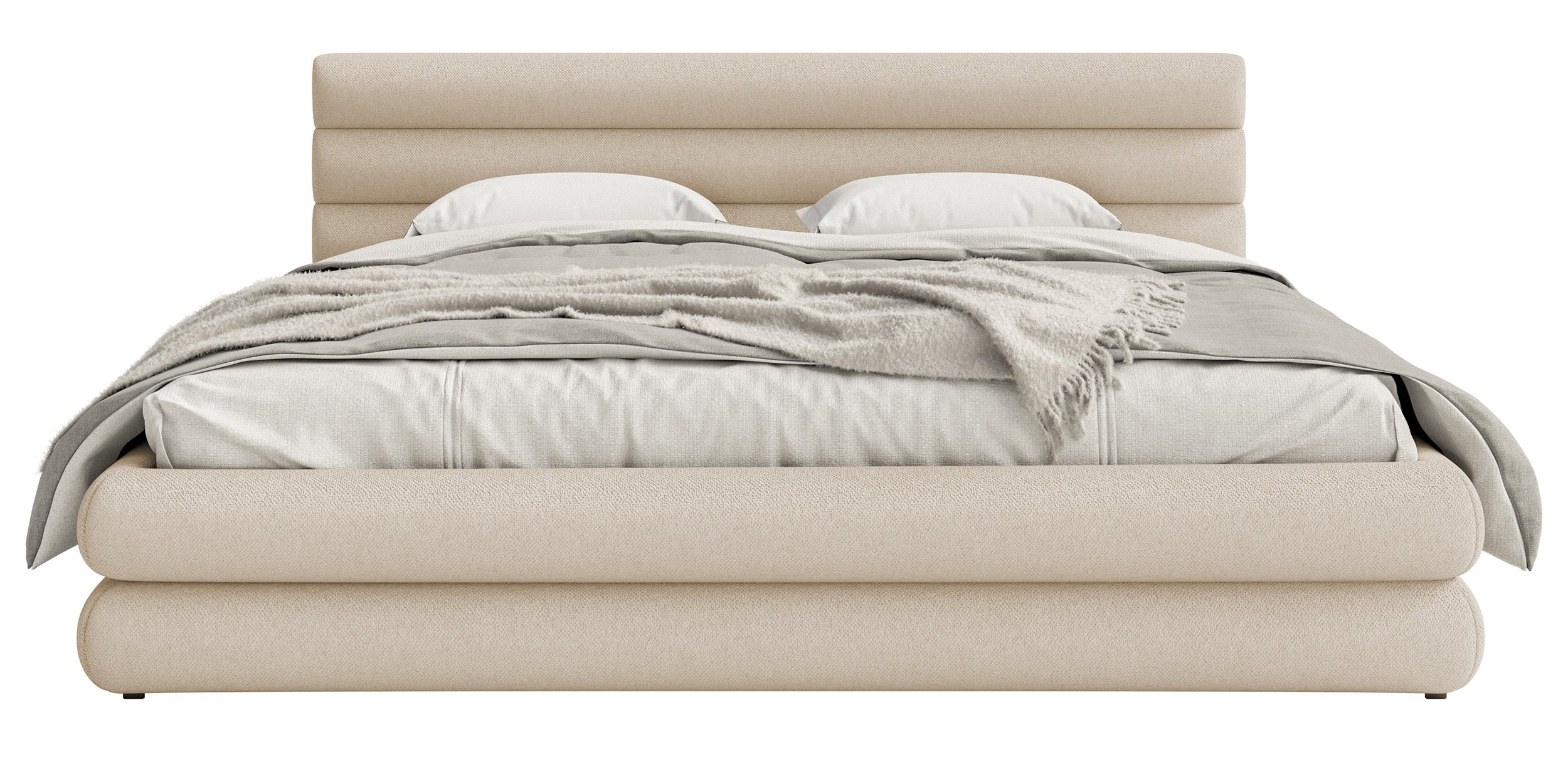Polsterbett 140x200 cm Alegre mit Bettkasten, hellbeiger Chenille-Stoff, Metallrahmen