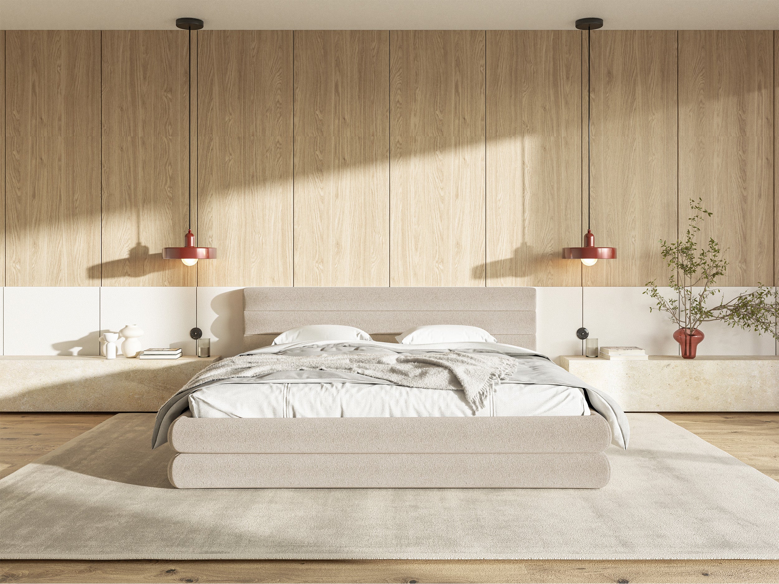 Polsterbett 140x200 cm Alegre mit Bettkasten, hellbeiger Chenille-Stoff, Metallrahmen