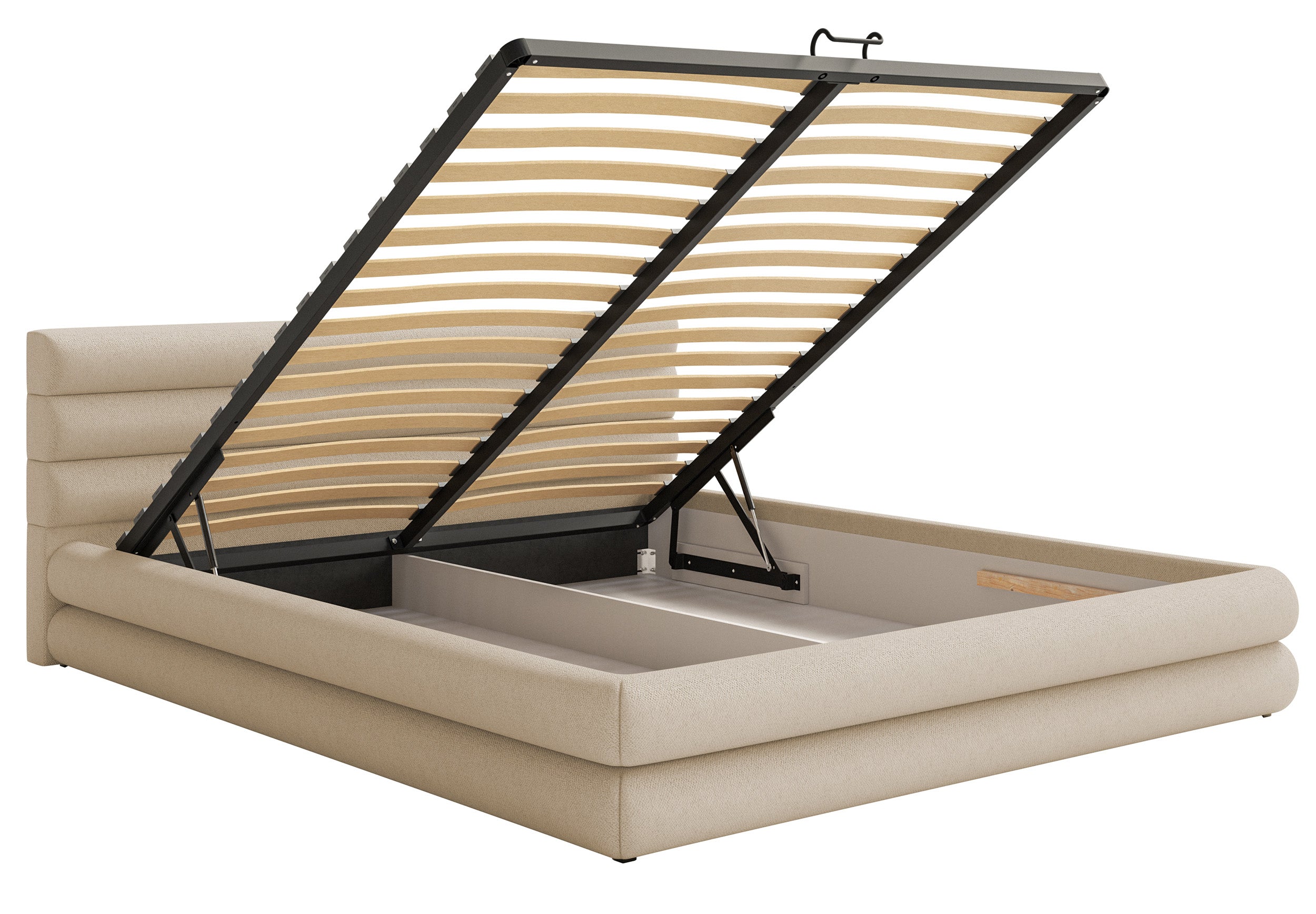 Polsterbett 140x200 cm Alegre mit Bettkasten, hellbeiger Chenille-Stoff, Metallrahmen