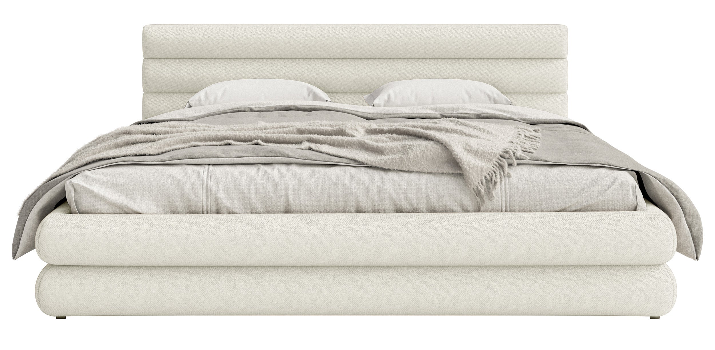 Polsterbett 140x200 cm Alegre mit Bettkasten, cremefarbener Chenille-Bezug, Metallrahmen