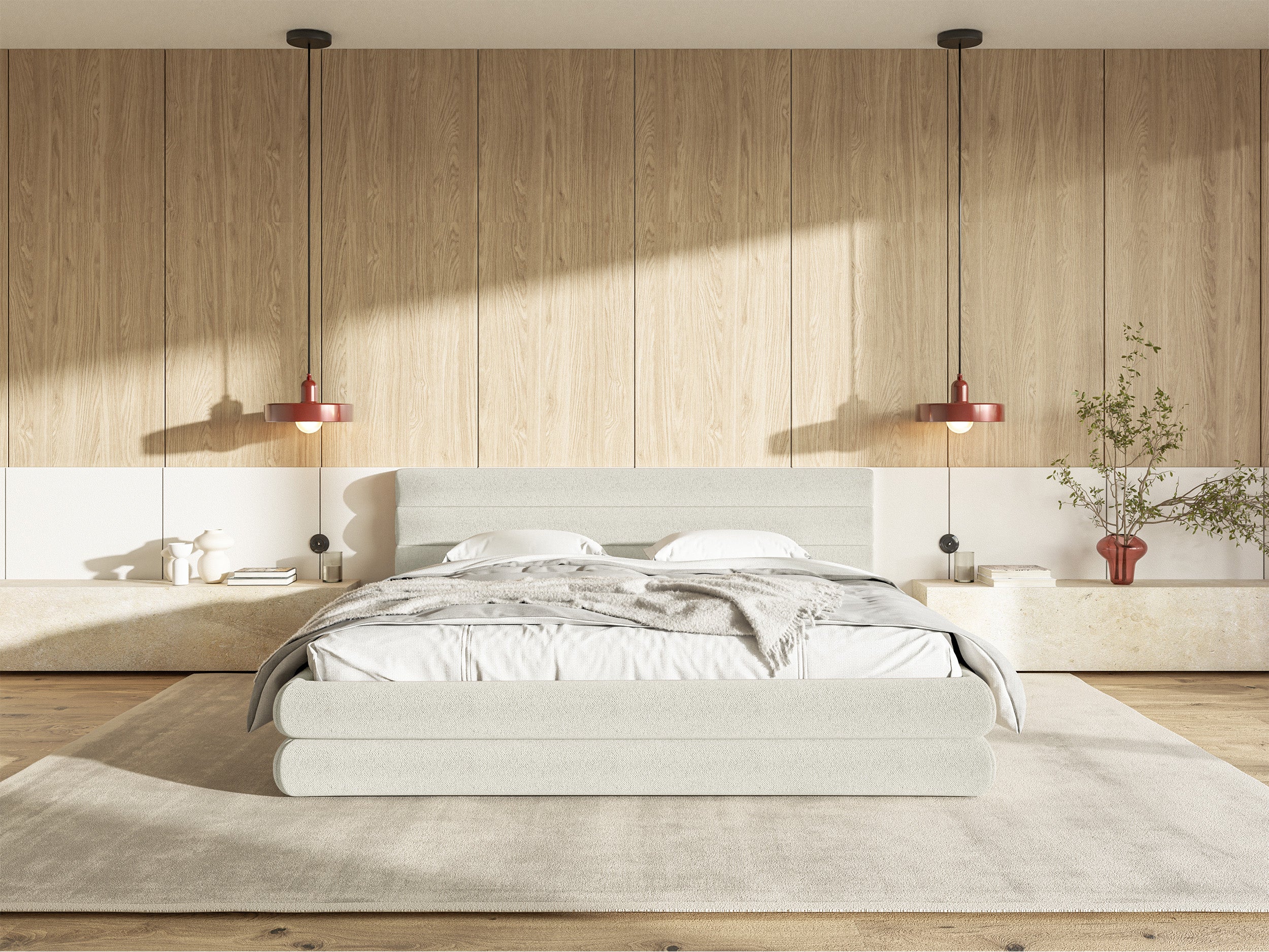 Polsterbett 140x200 cm Alegre mit Bettkasten, cremefarbener Chenille-Bezug, Metallrahmen