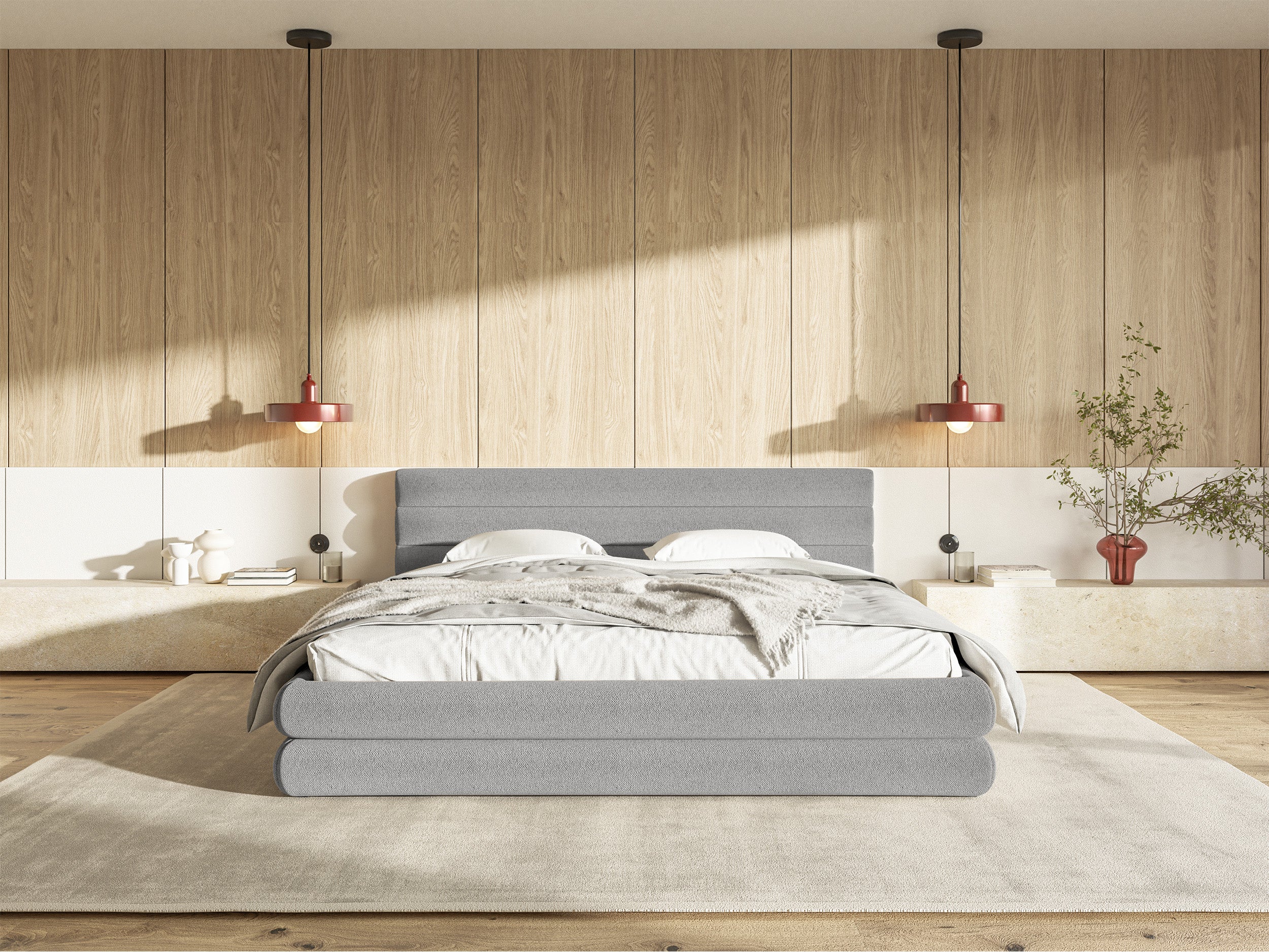 Polsterbett 140x200 cm Alegre mit Bettkasten, hellgrauer Chenille-Stoff, Metallrahmen