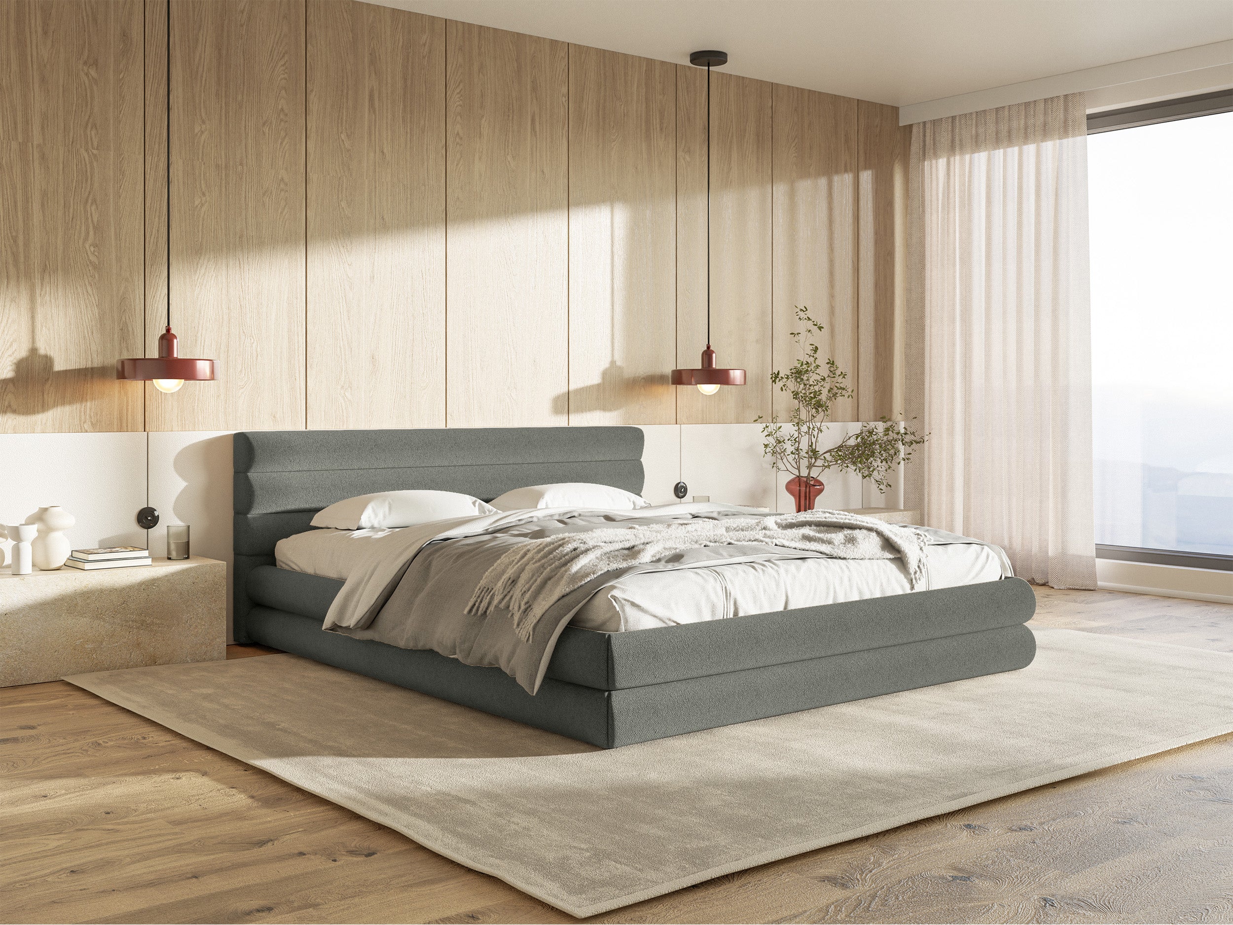 Polsterbett 140x200 cm Alegre mit Bettkasten, grau Chenille, Metallrahmen