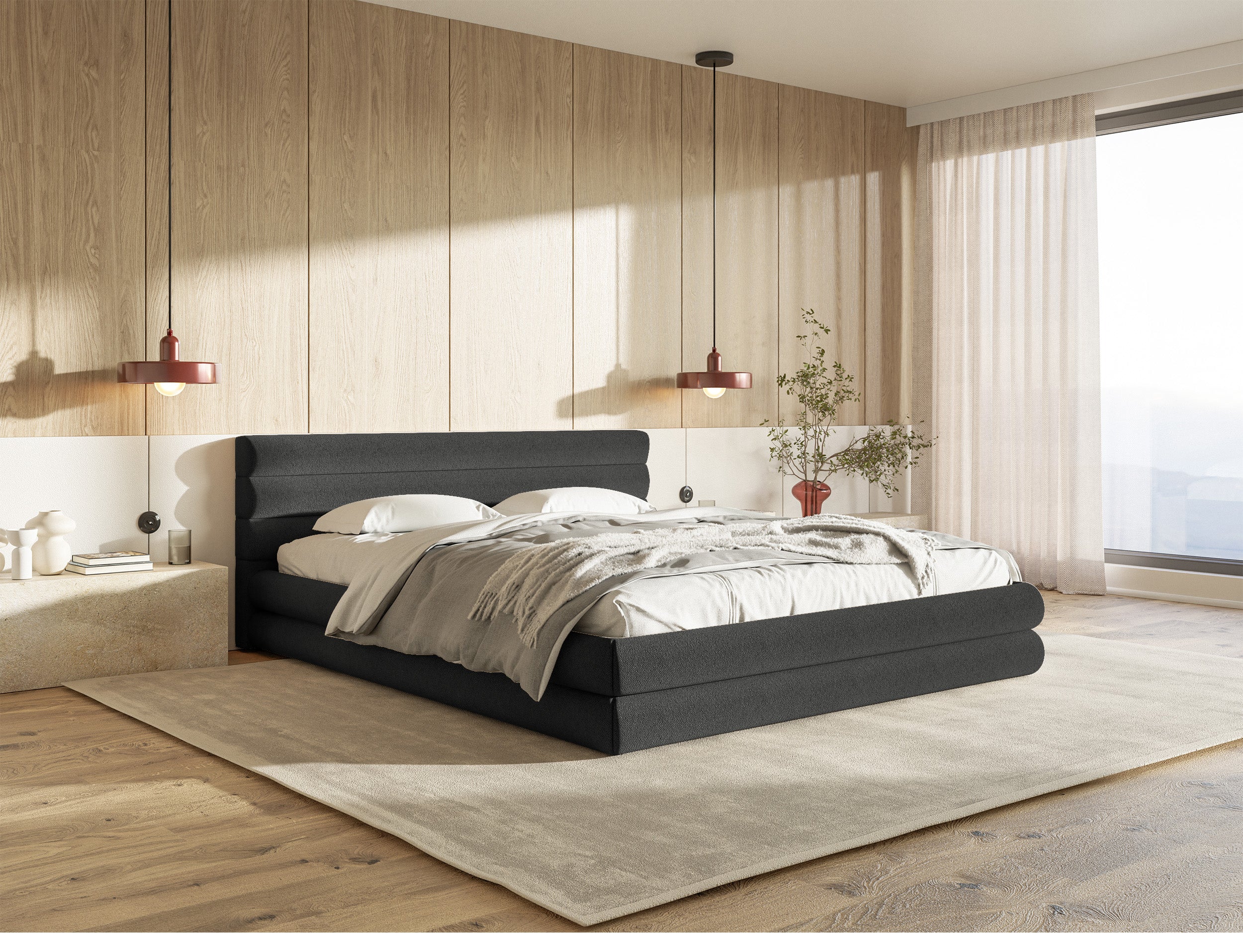 Gepolstertes Bett 160x200 cm Alegre mit Bettkasten, grafitfarbenes Chenille, Metallrahmen