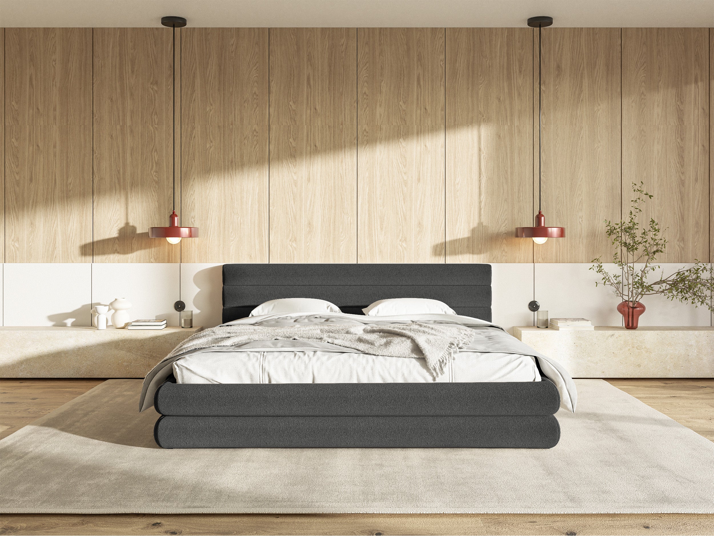 Gepolstertes Bett 160x200 cm Alegre mit Bettkasten, grafitfarbenes Chenille, Metallrahmen