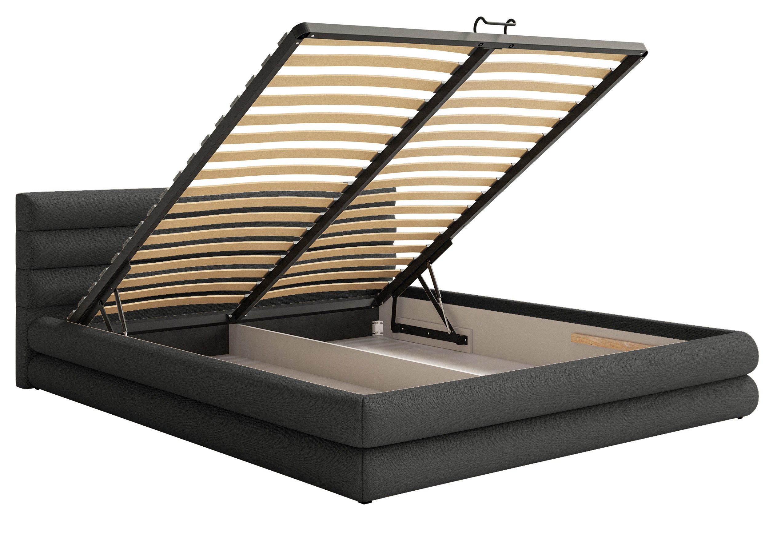 Gepolstertes Bett 160x200 cm Alegre mit Bettkasten, grafitfarbenes Chenille, Metallrahmen