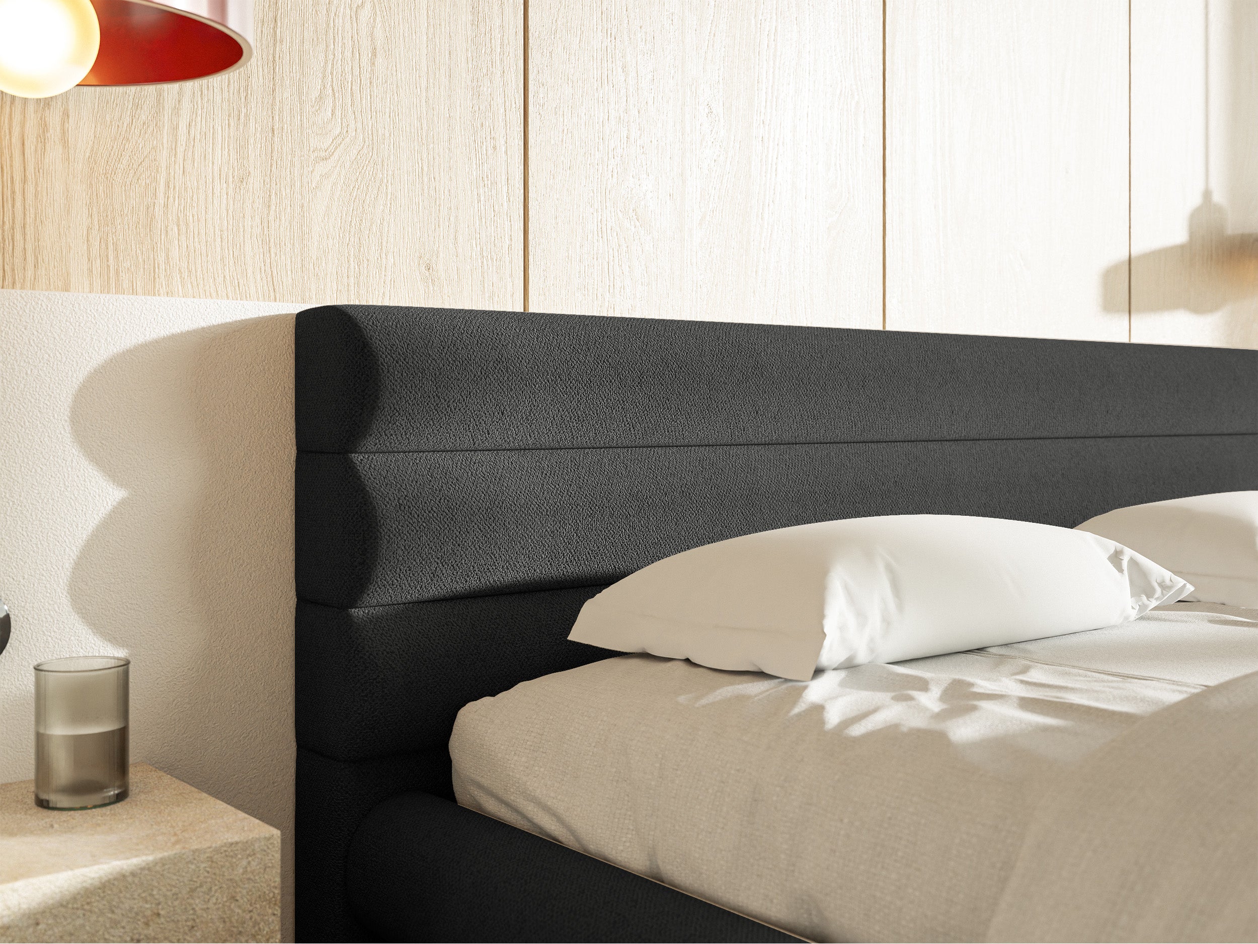 Gepolstertes Bett 160x200 cm Alegre mit Bettkasten, grafitfarbenes Chenille, Metallrahmen