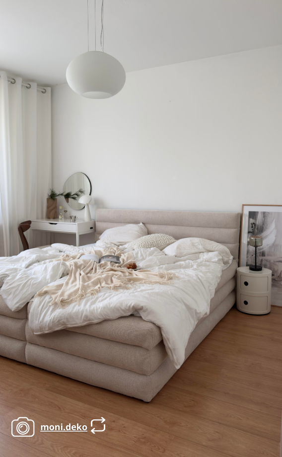 Kontinentales Bett 140x200 cm Alegre mit Topper und zwei Aufbewahrungsboxen, hellbeiger hydrophober Chenillestoff