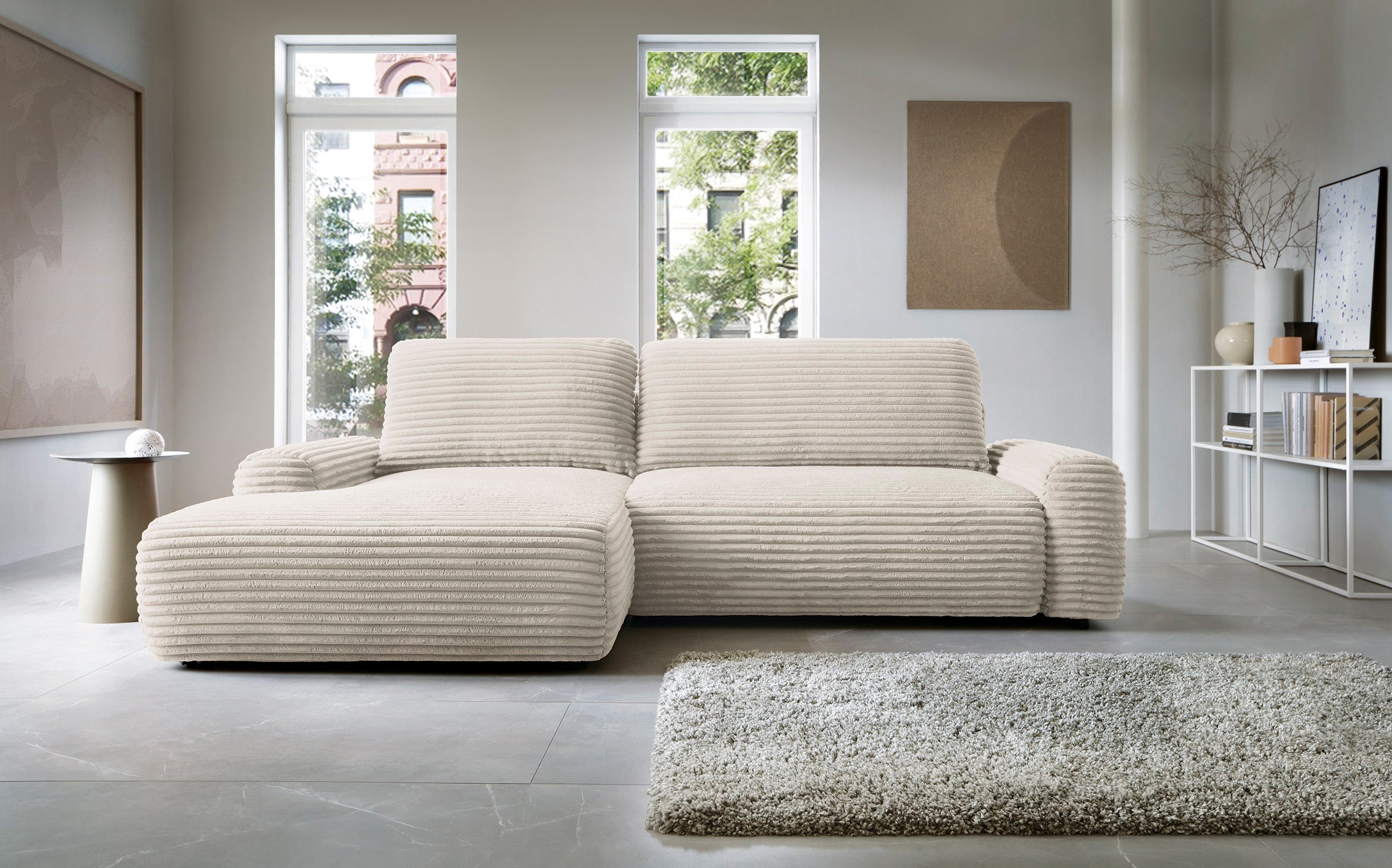Ecksofa mit Schlaffunktion Alferia, L-förmig, mit Stauraum, cremefarbener Cord, linksseitig