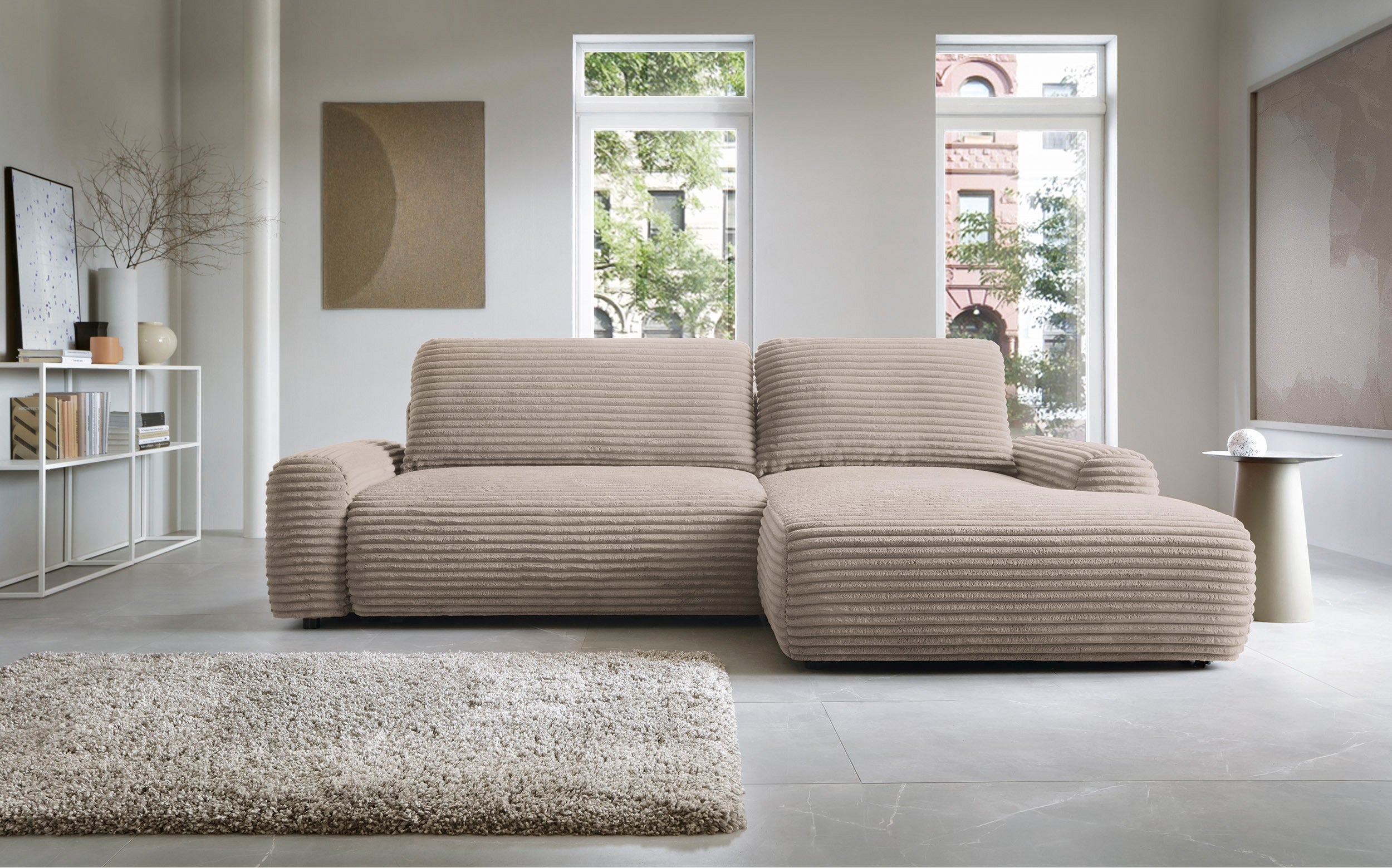 Ecksofa mit Schlaffunktion Alferia, L-förmig, mit Stauraum, beige Cord, rechtsseitig