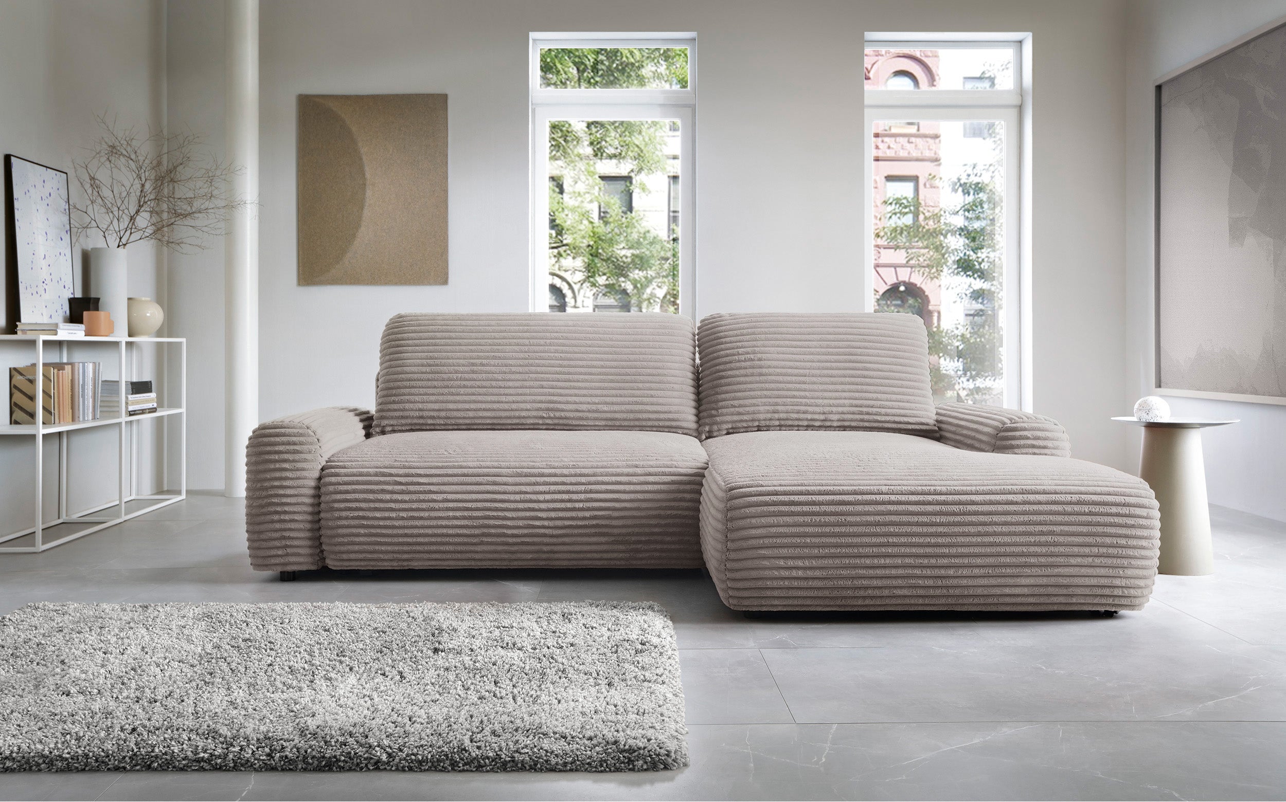 Ecksofa mit Schlaffunktion Alferia, L-förmig, mit Stauraum, hellbeige Cord, rechtsseitig
