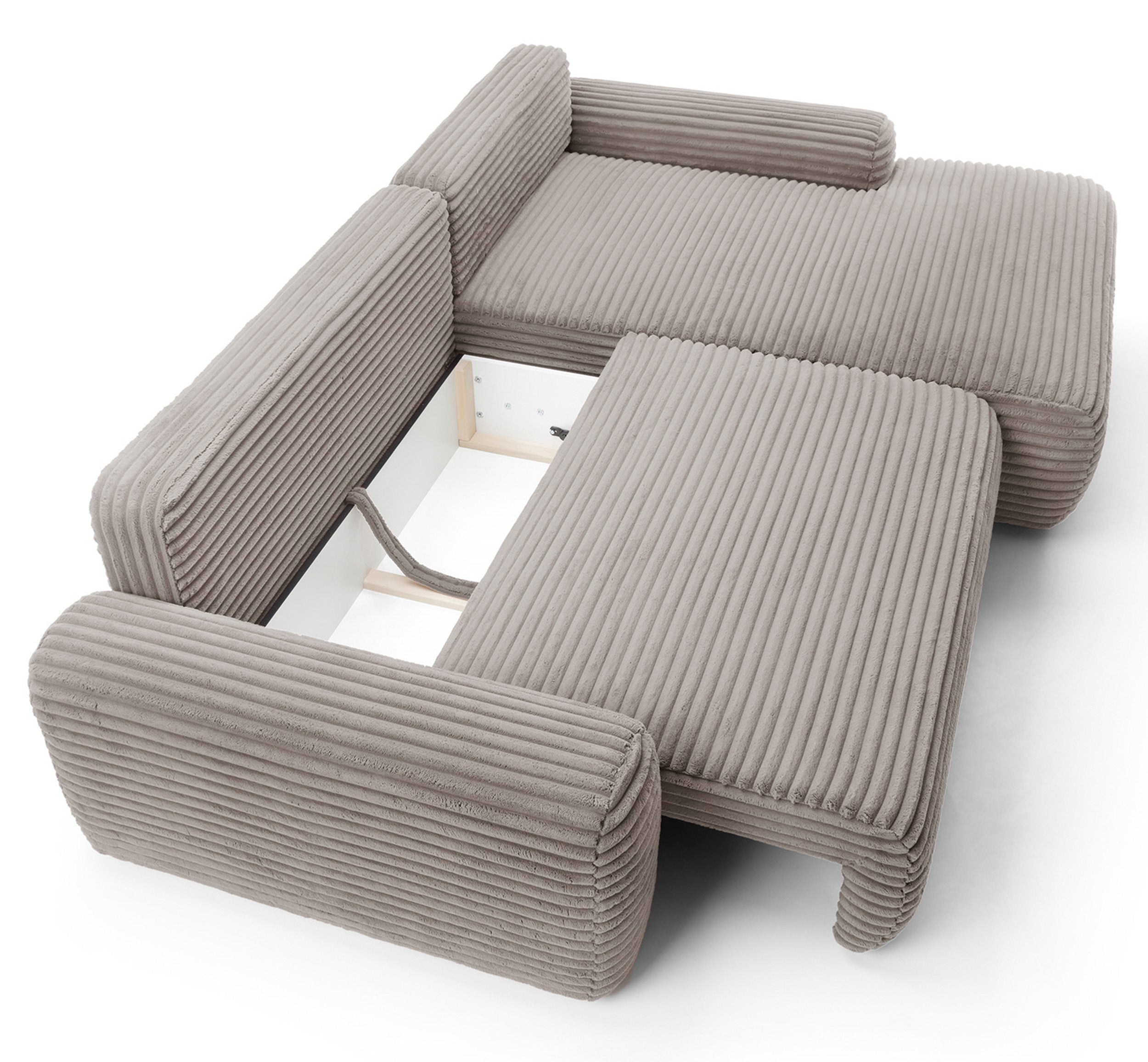 Ecksofa mit Schlaffunktion Alferia, L-förmig, mit Stauraum, hellbeige Cord, rechtsseitig