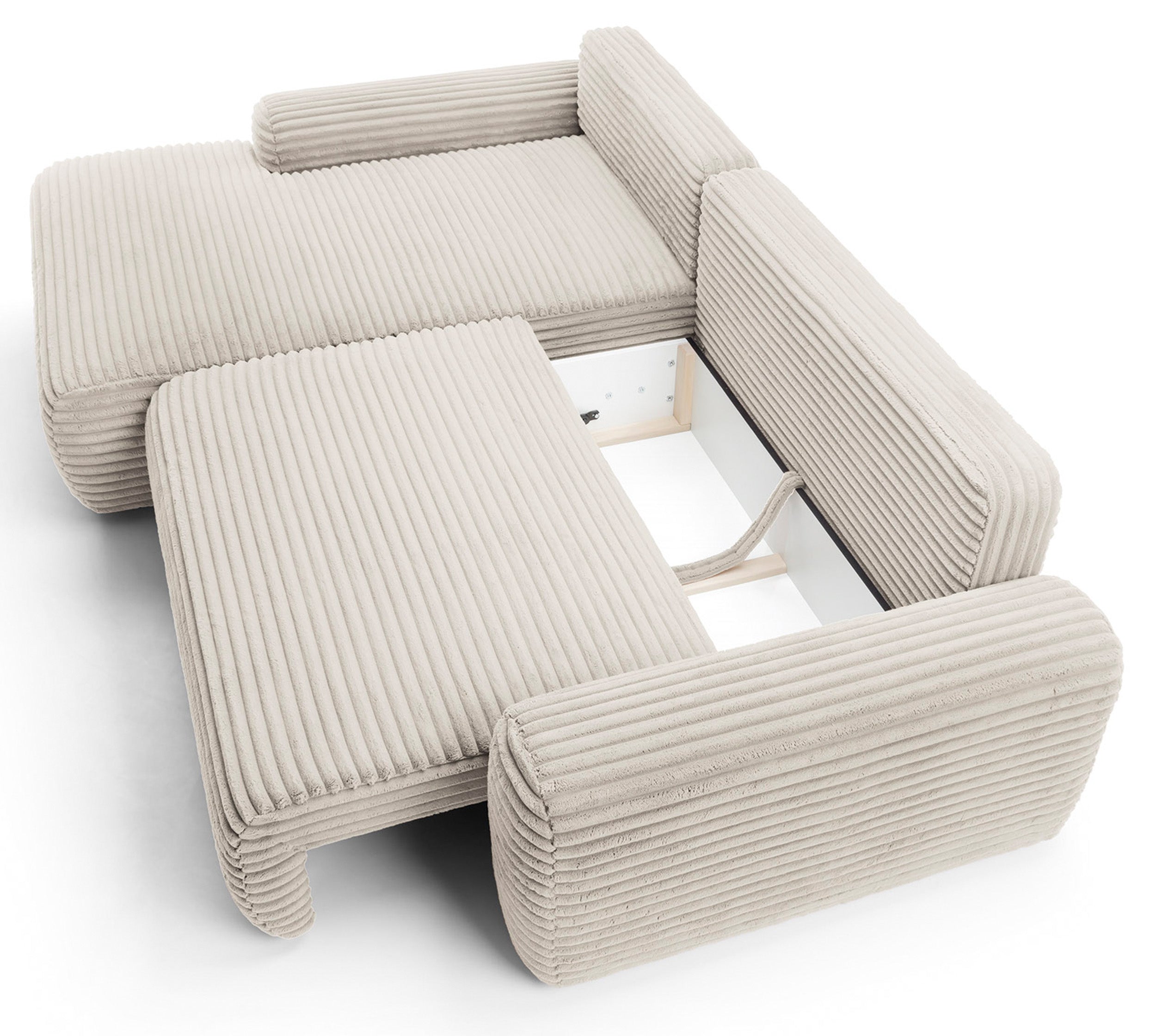 Ecksofa mit Schlaffunktion Alferia, L-förmig, mit Stauraum, cremefarbener Cord, linksseitig