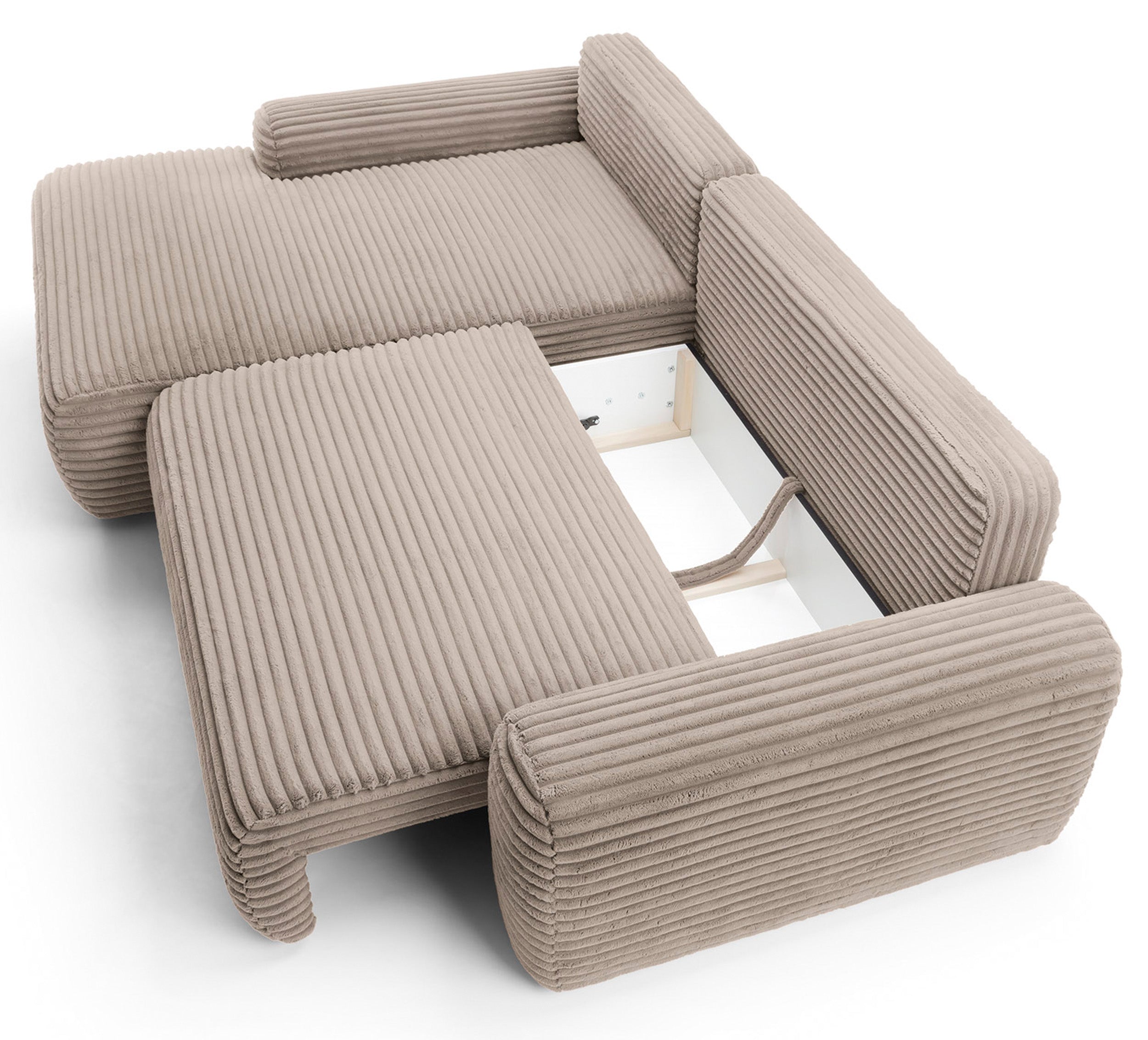 Ecksofa mit Schlafunktion Alferia, L-förmig, mit Stauraum, beige Cord, linksseitig