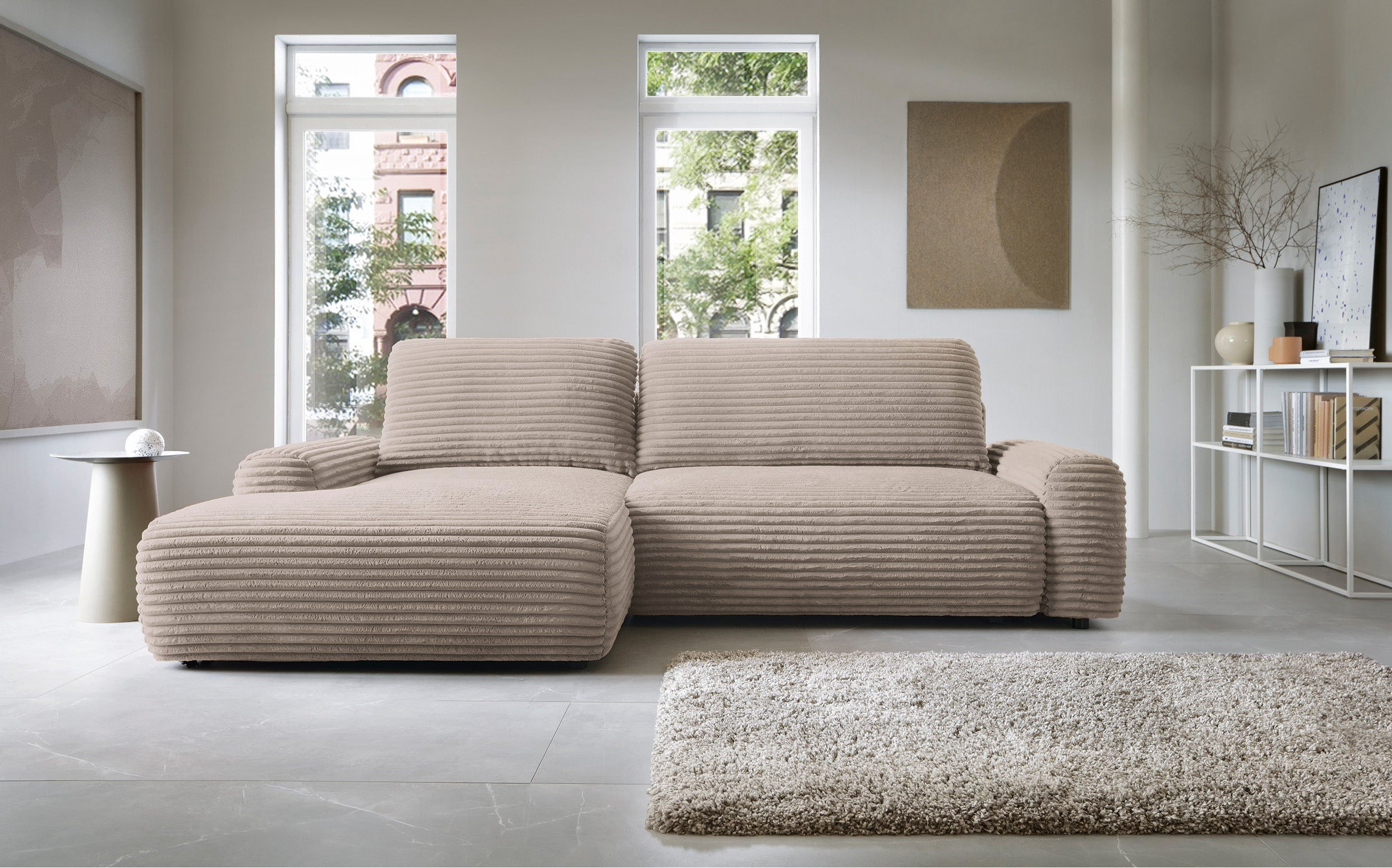 Ecksofa mit Schlafunktion Alferia, L-förmig, mit Stauraum, beige Cord, linksseitig