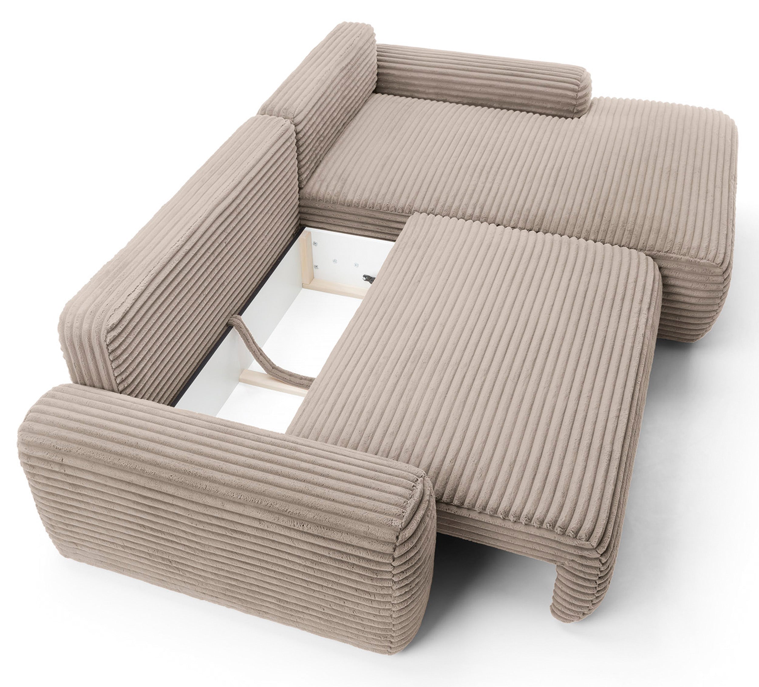 Ecksofa mit Schlaffunktion Alferia, L-förmig, mit Stauraum, beige Cord, rechtsseitig