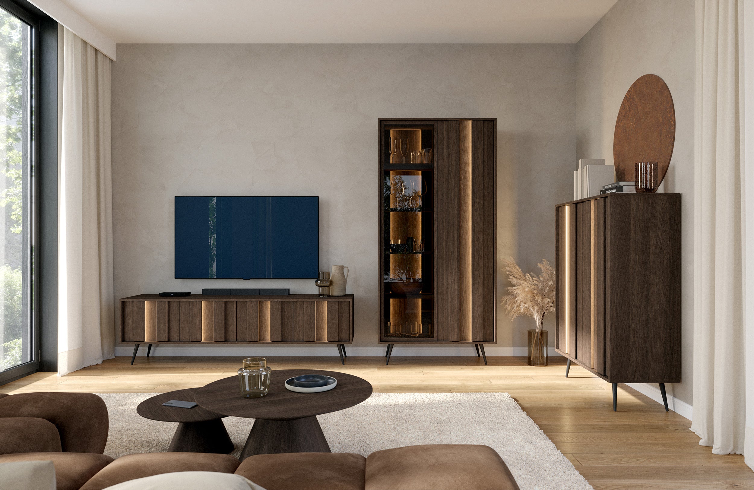 Vier-türiger TV-Schrank Amaro mit LED-Beleuchtung, 183 cm, Eiche Dunin