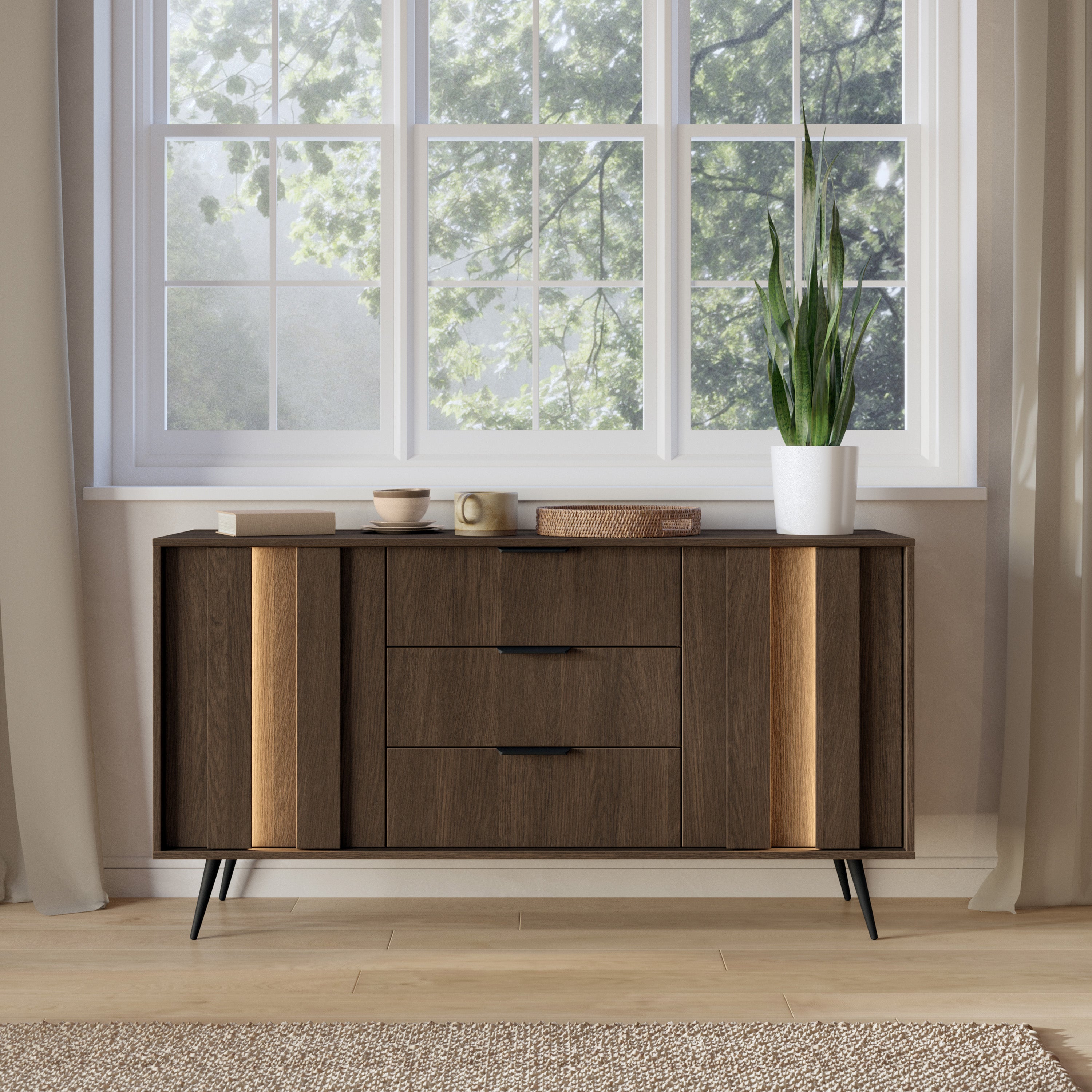 Zweittürige Kommode Amaro mit drei Schubladen und LED-Beleuchtung, 154 cm, Eiche Dunin