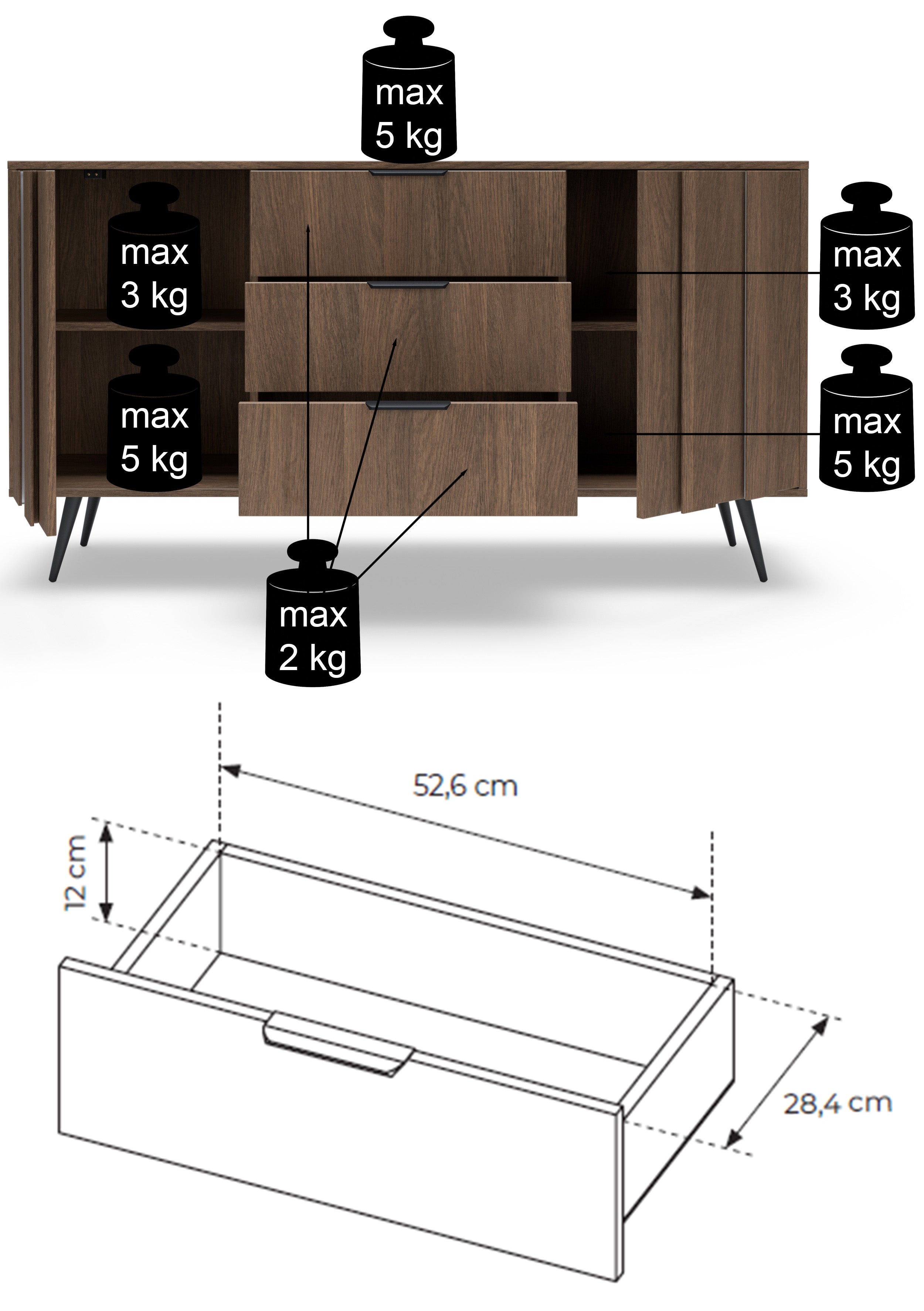 Zweittürige Kommode Amaro mit drei Schubladen und LED-Beleuchtung, 154 cm, Eiche Dunin