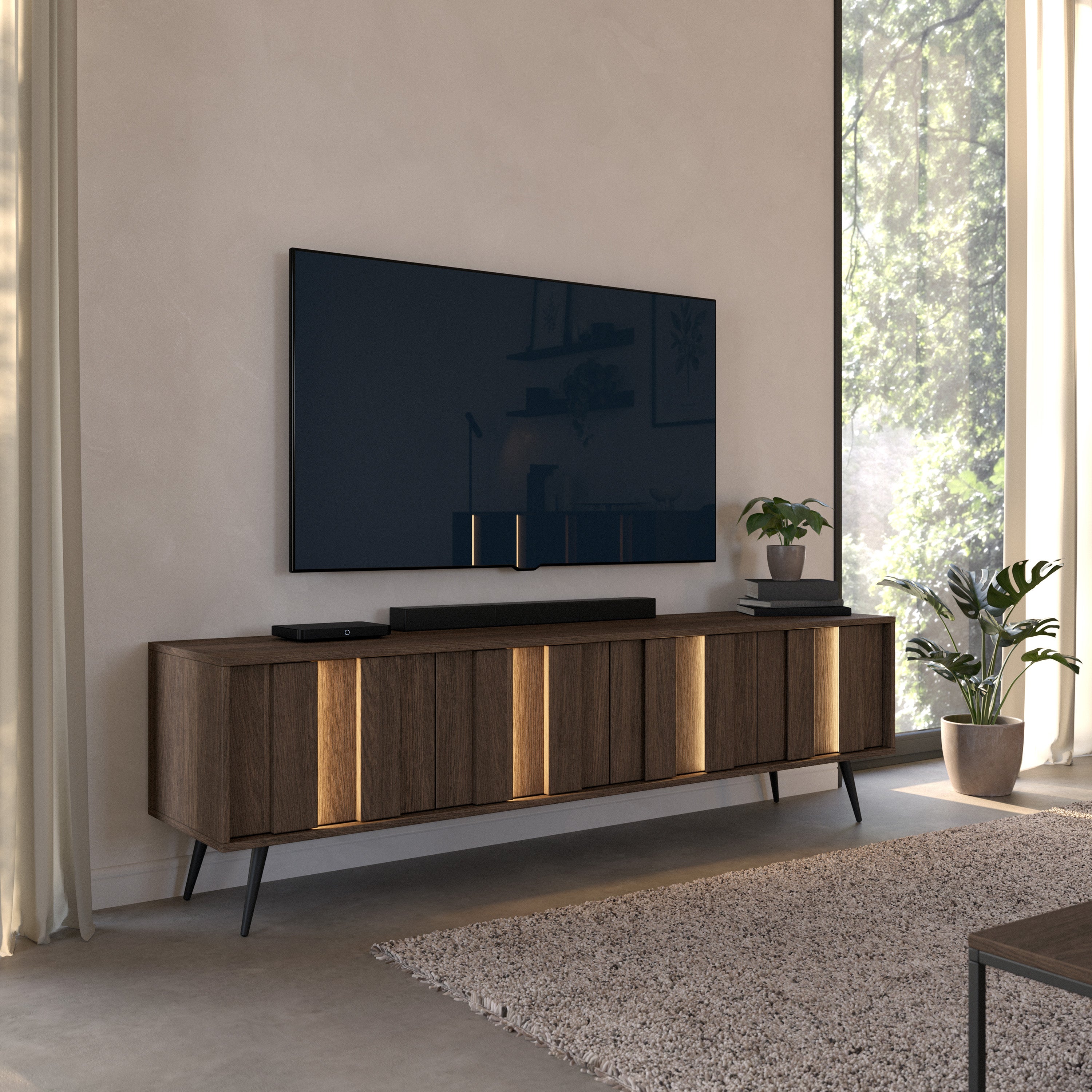 Vier-türiger TV-Schrank Amaro mit LED-Beleuchtung, 183 cm, Eiche Dunin