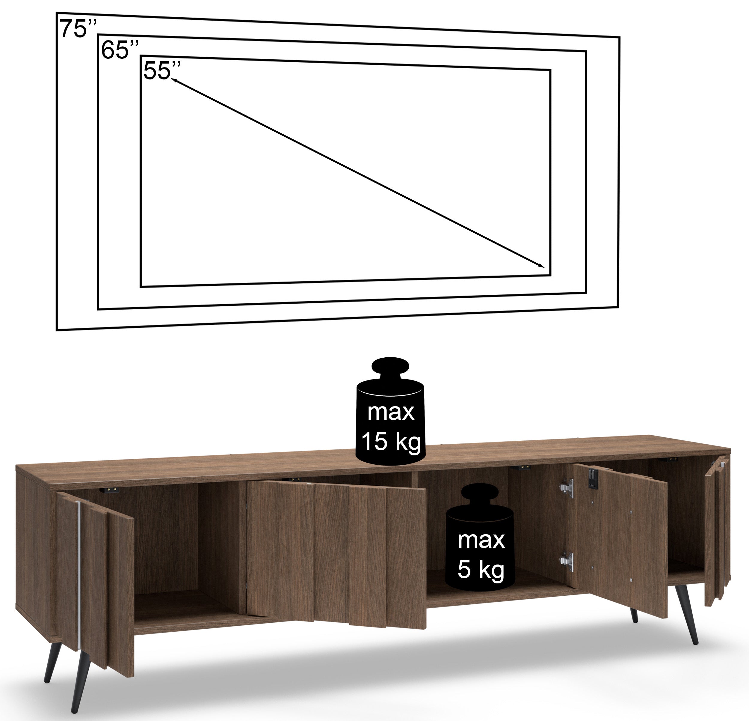 Vier-türiger TV-Schrank Amaro mit LED-Beleuchtung, 183 cm, Eiche Dunin