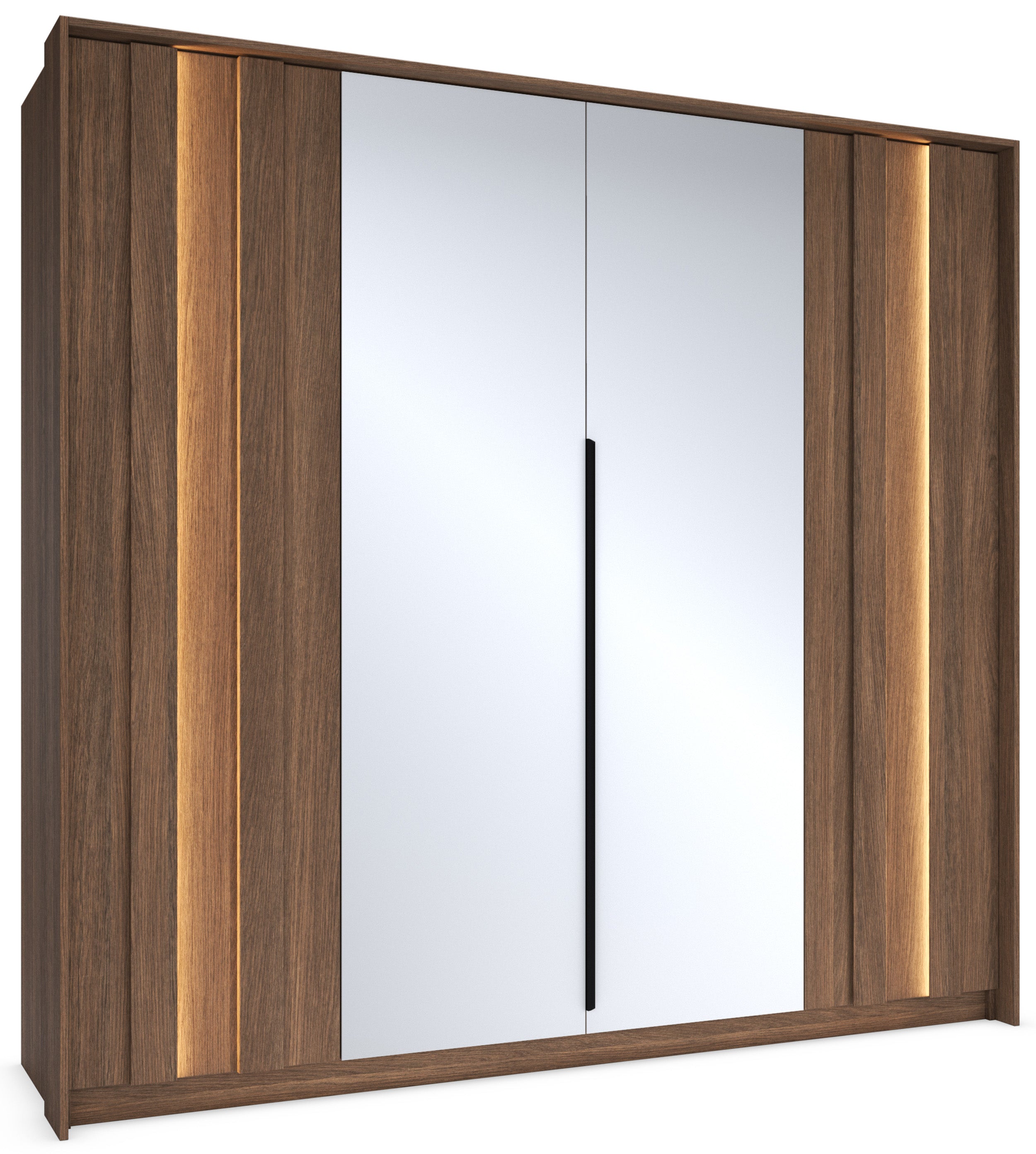 Vier­türiger Amaro-Kleiderschrank mit Spiegel und LED-Beleuchtung, 223 cm, Eiche Dunin
