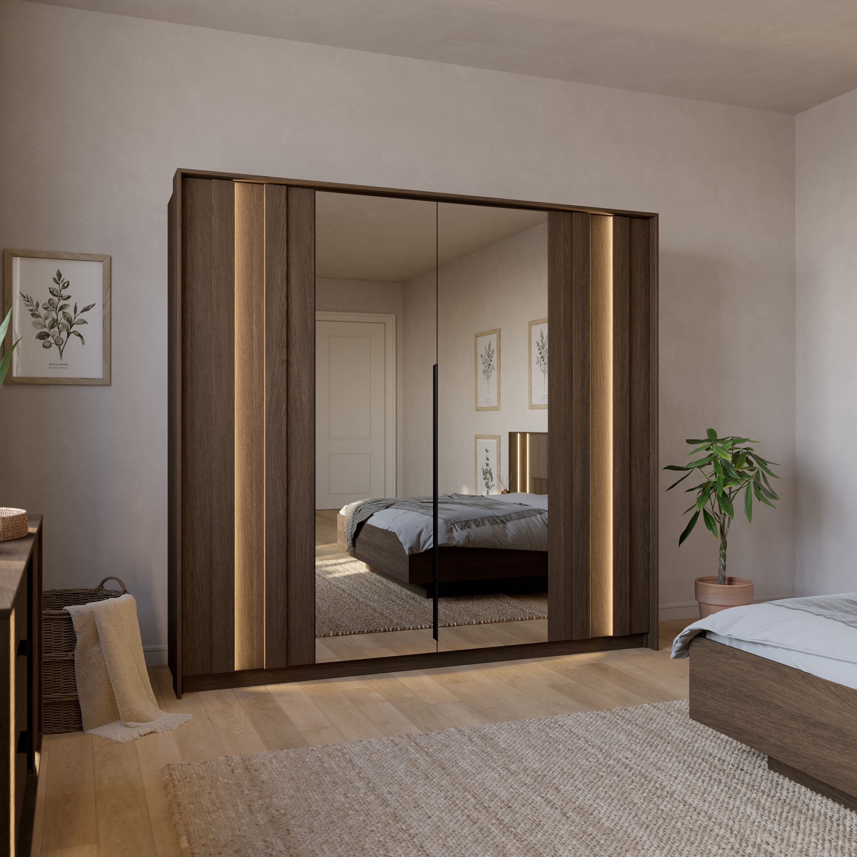 Vier­türiger Amaro-Kleiderschrank mit Spiegel und LED-Beleuchtung, 223 cm, Eiche Dunin