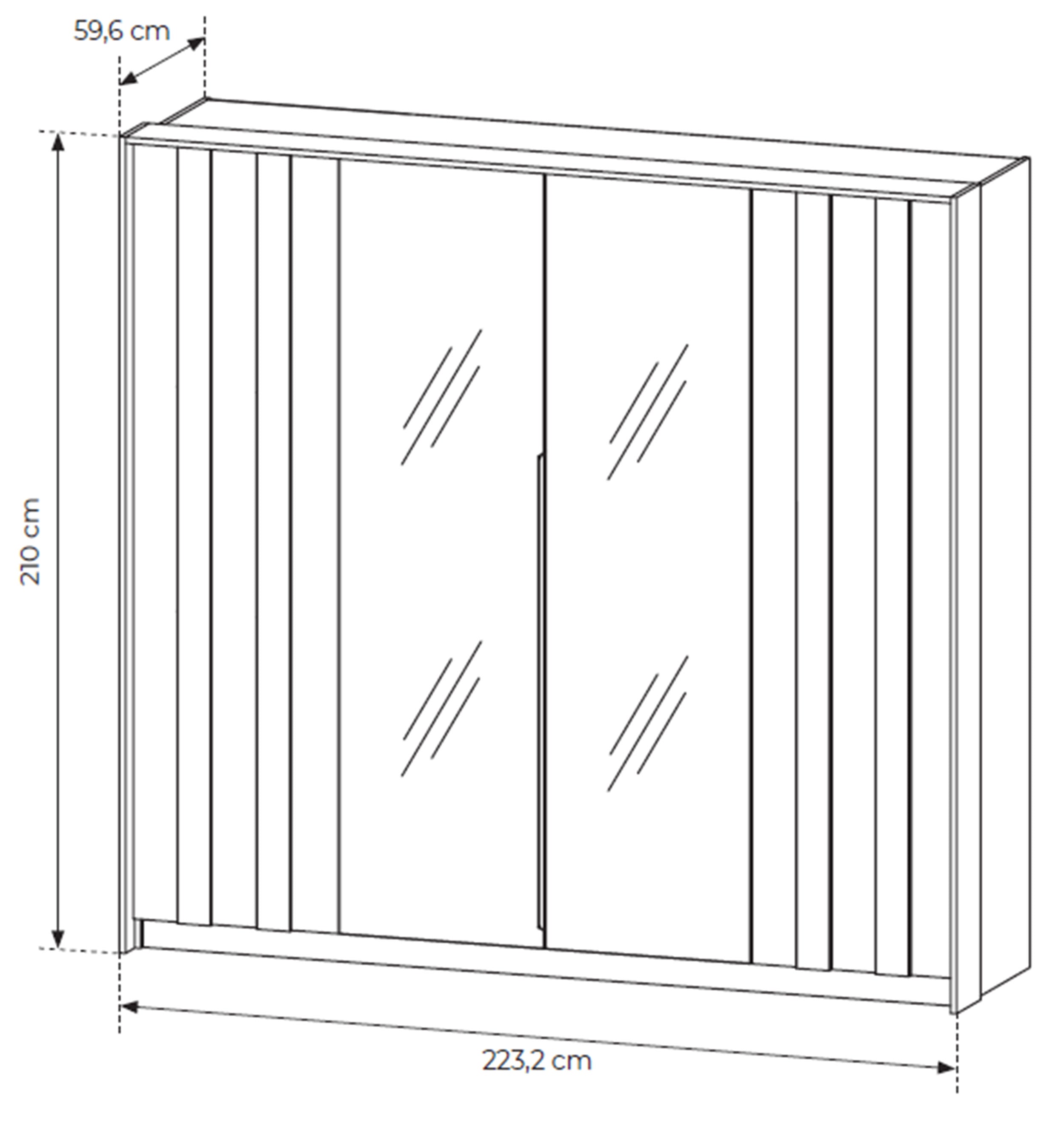Vier­türiger Amaro-Kleiderschrank mit Spiegel und LED-Beleuchtung, 223 cm, Eiche Dunin