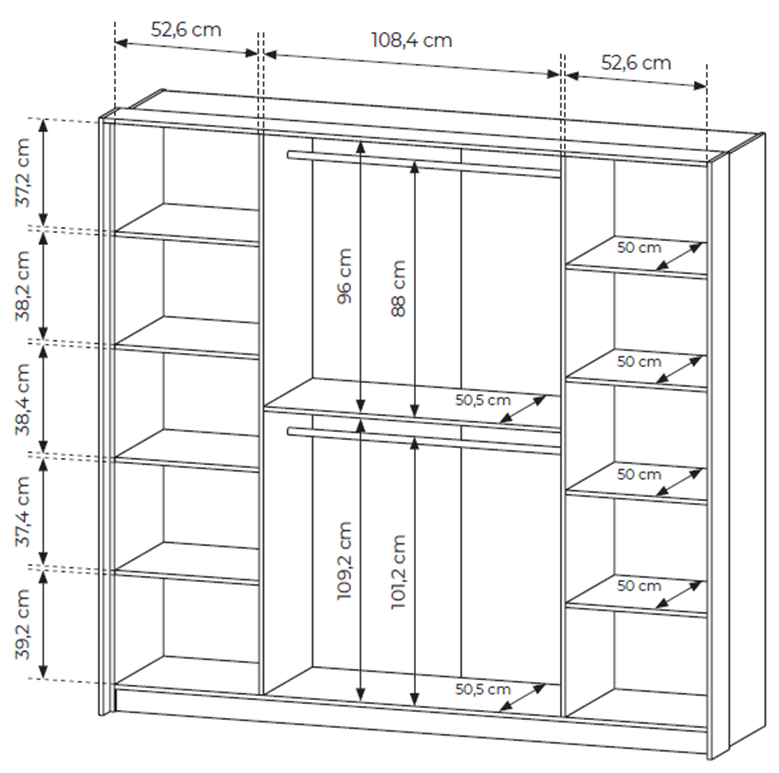 Vier­türiger Amaro-Kleiderschrank mit Spiegel und LED-Beleuchtung, 223 cm, Eiche Dunin