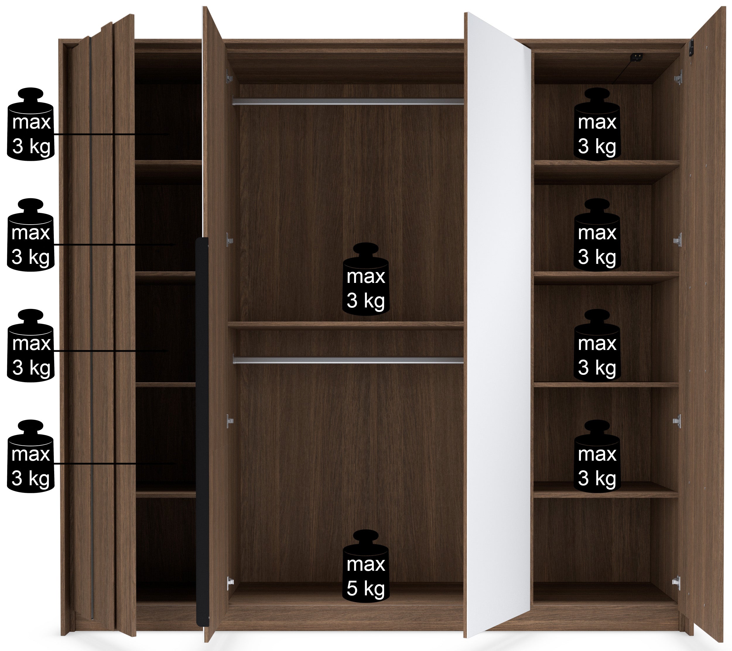 Vier­türiger Amaro-Kleiderschrank mit Spiegel und LED-Beleuchtung, 223 cm, Eiche Dunin