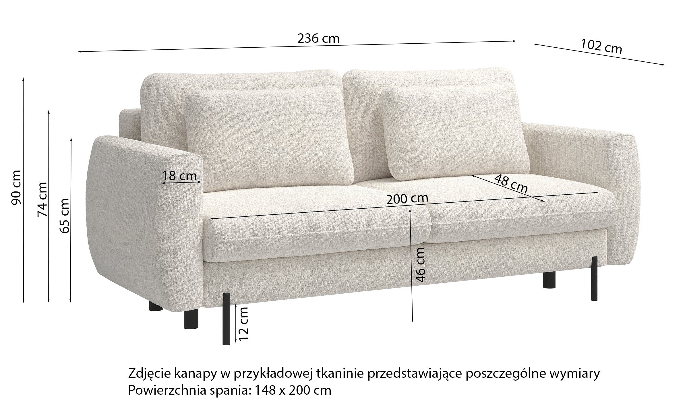 Dreisitziges ausklappbares Sofa Rane mit Stauraum, grauer hydrophober Chenille-Stoff