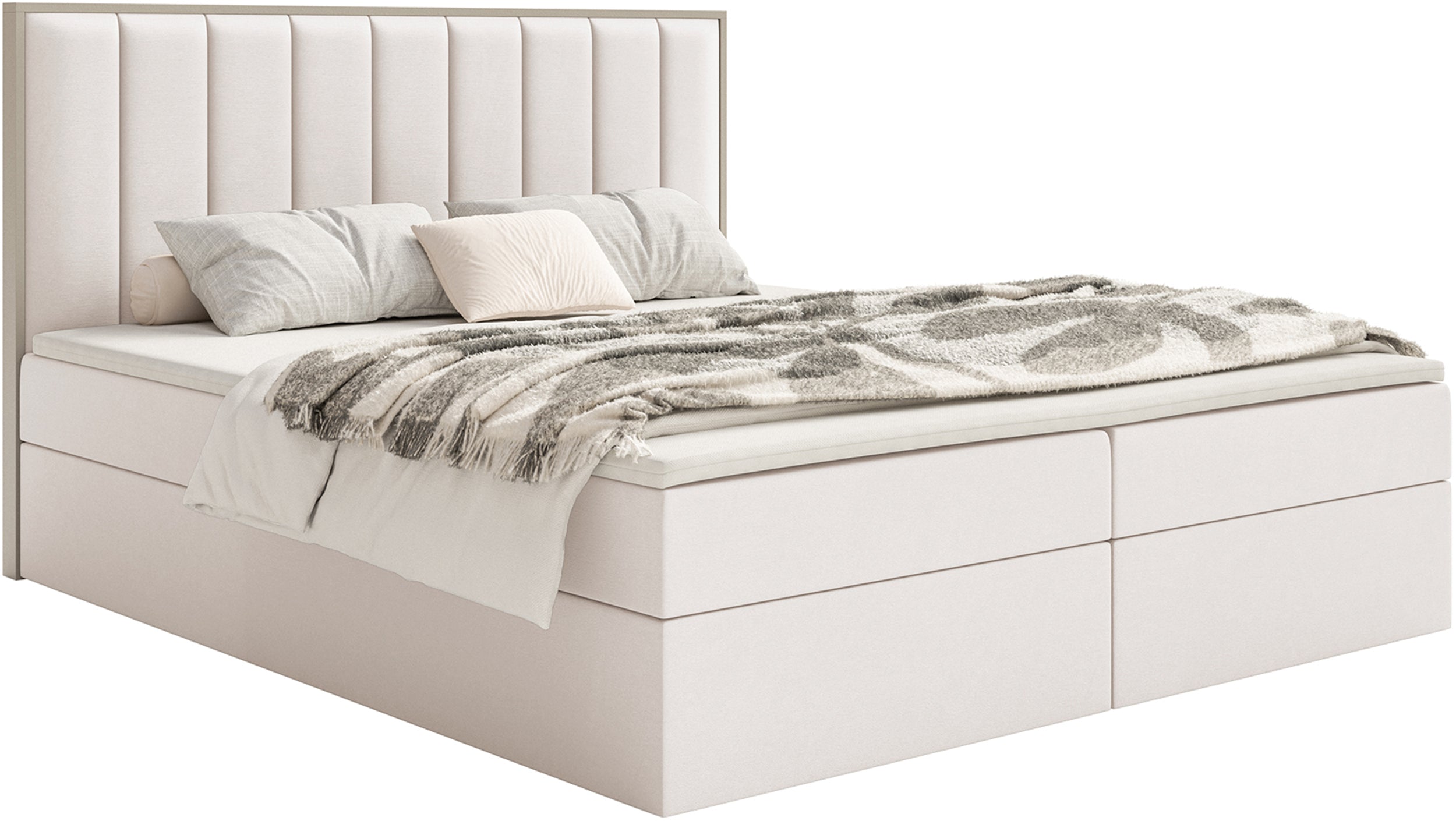 Kontinentales Bett 160x200 cm Togents mit Stauraum und Topper, cremefarbener Velours, wasserabweisend